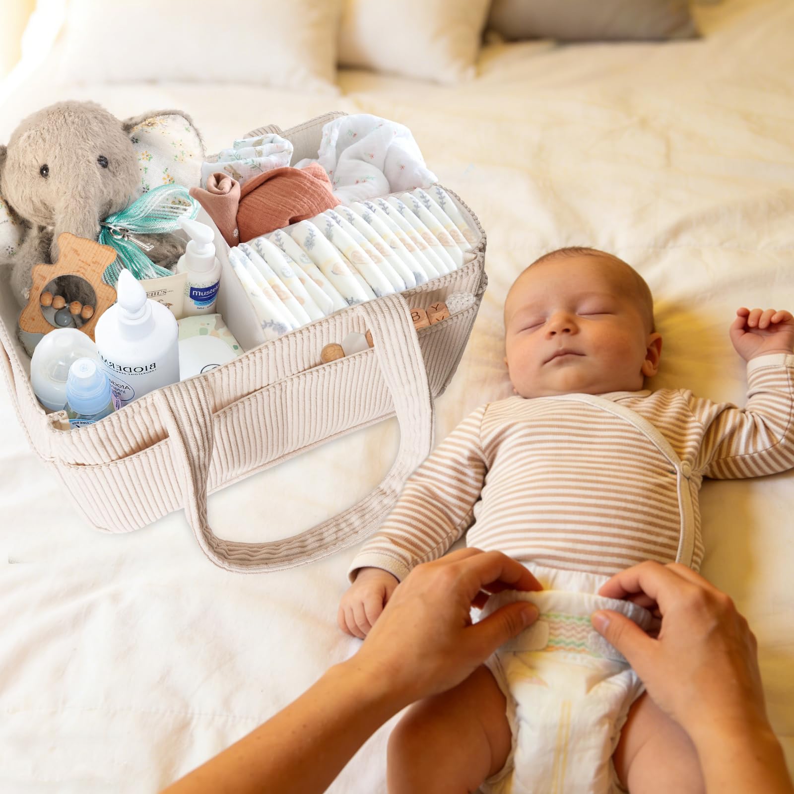 Cesta Organizadora Bebe, Organizador de Pañales para Bebé con Compartimentos Intercambiables, Organizador de Cambiador para Bebé, Regalo para Recién Nacidos