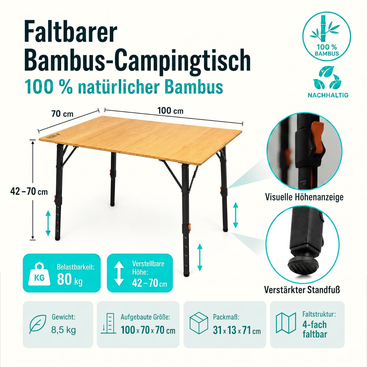 ARCTA® Campingtisch Faltbar Bambus 100x70cm – Höhenverstellbar 42-70cm – Klapptisch Outdoor bis 80kg – Picknicktisch für Camping, Garten & Balkon – inkl. Tragetasche – 8,5kg