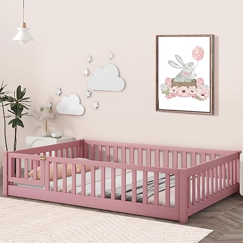 Miniatura 8 de Tatub Cama de suelo de tamaño individual con barandillas de seguridad puerta y listones marco de cama para niños pequeños para niñas y niños cama de