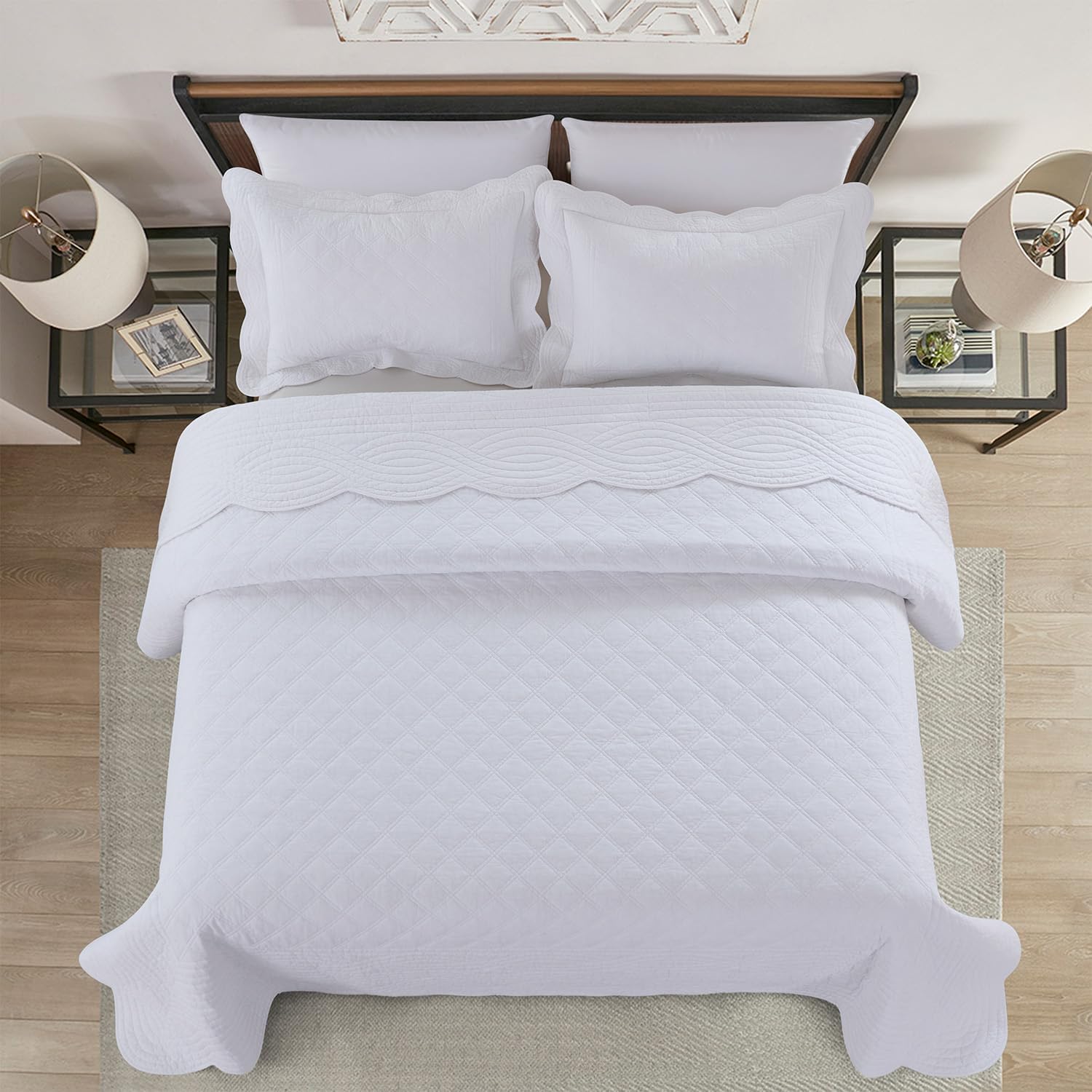 meadow park Quilt Set Queen Size - 3 Pieces, 100% Cotton Lightweight Coverlet with Diamond Pattern and Scallop Edges, Ultra Soft, Pet-Friendly, All-Season Use, White