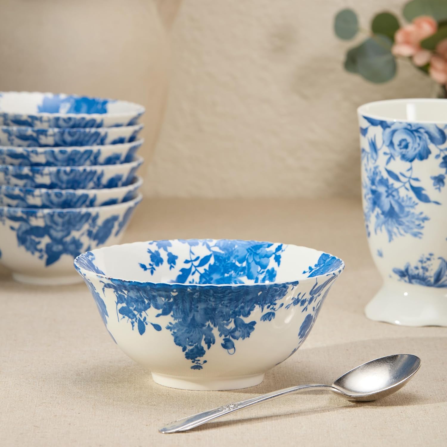 Gabrielle Blue Porcelain DEEP BOWL, 10 Inches, scalloped floral toile bowl with interior and rim artwork, classic blue and white serveware for salads, pasta, vegetables and fruit