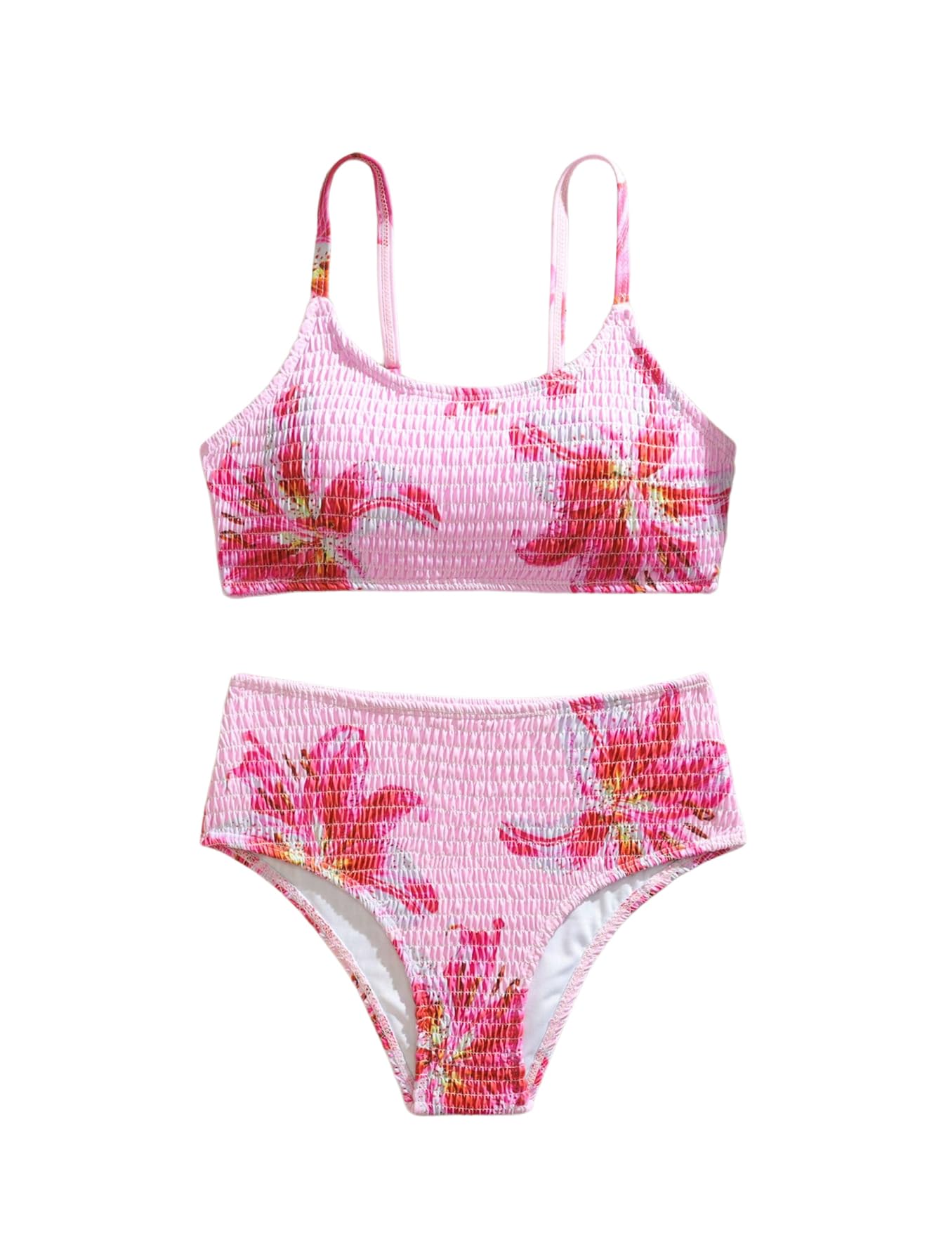 Photo 1 of RoseSeek Girl's 2 Piece Floral High Waisted Swimsuit Smocked Wireless Bathing Suit Boho Holiday Beachwear Set Pink 16Y