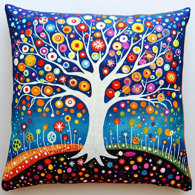ANSIWEIGO Stamped Cross-Stitch Cushion Kit for Adults and Beginners Precise Printed Design on Cotton Canvas Needlepoint Throw Pillow Kit for Adults Creative Gift 18×18 Inches,Tree of Life