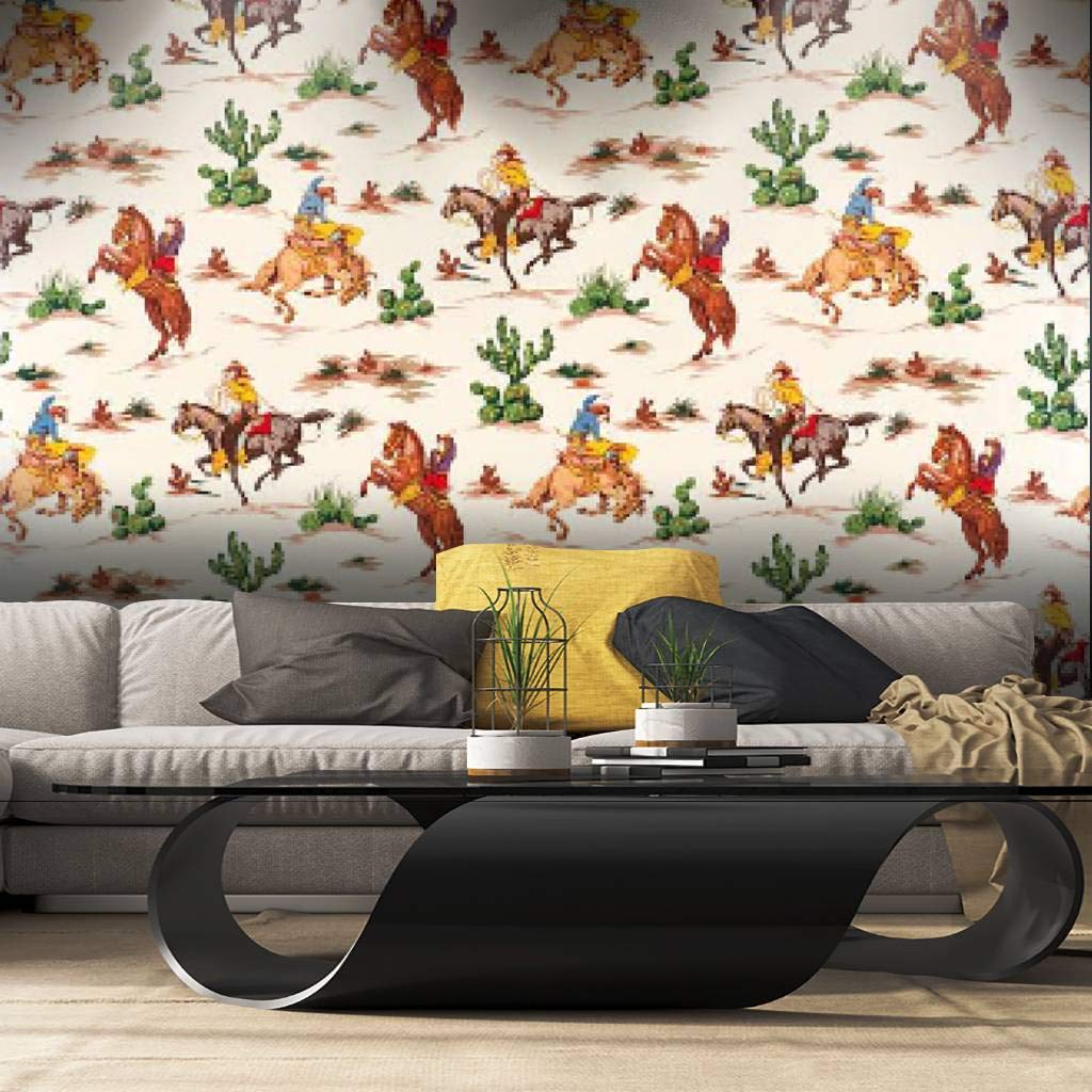 Wall Mural Cactus Cowboys Vintage Fabric Peel and Stick Wallpaper Self Adhesive Wallpaper Large Wall Sticker Removable Vinyl Film Roll Shelf Paper Home Decor