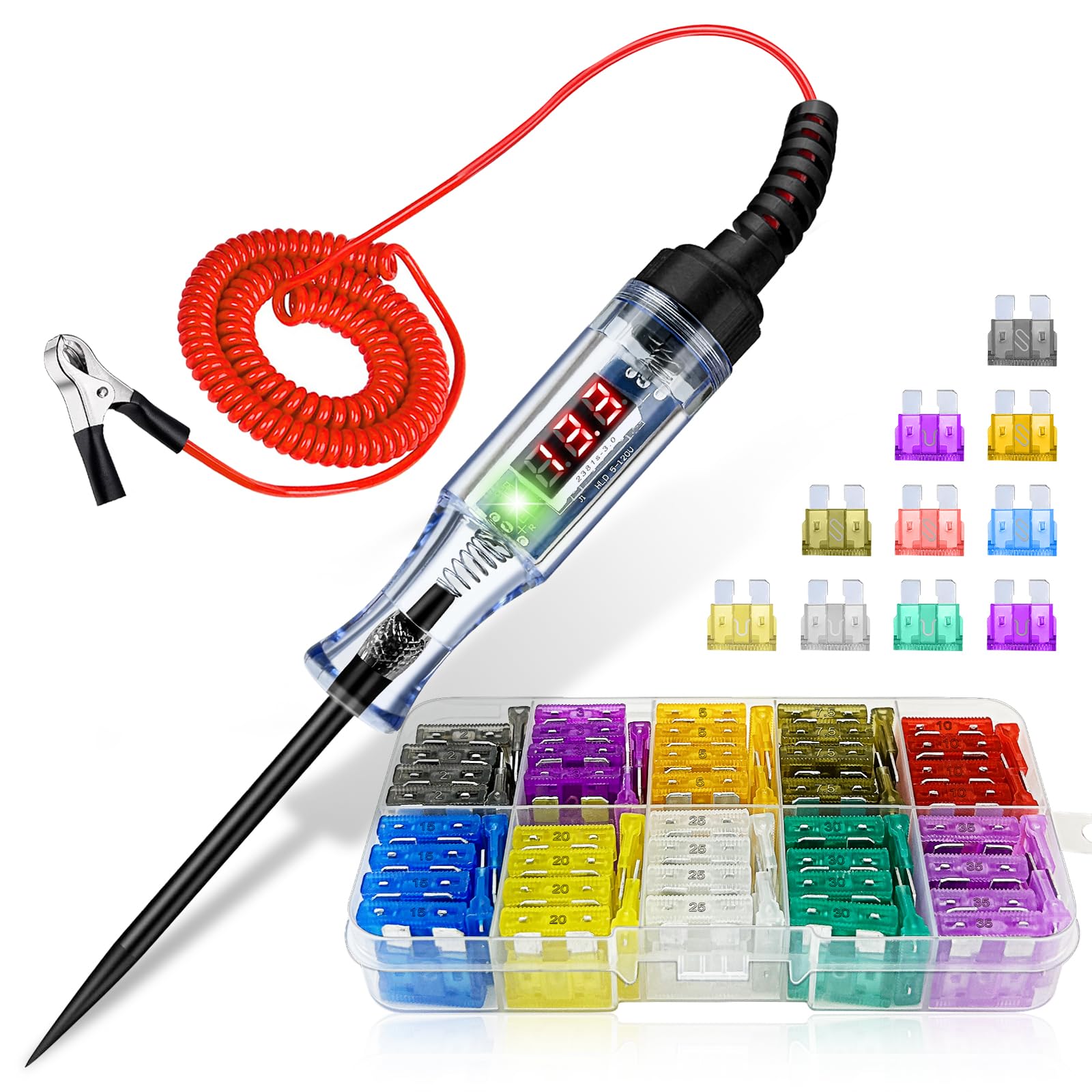 Probador de fusibles y kit de fusibles de coche (2.5-32 V, con pantalla digital LED y indicador luminoso)