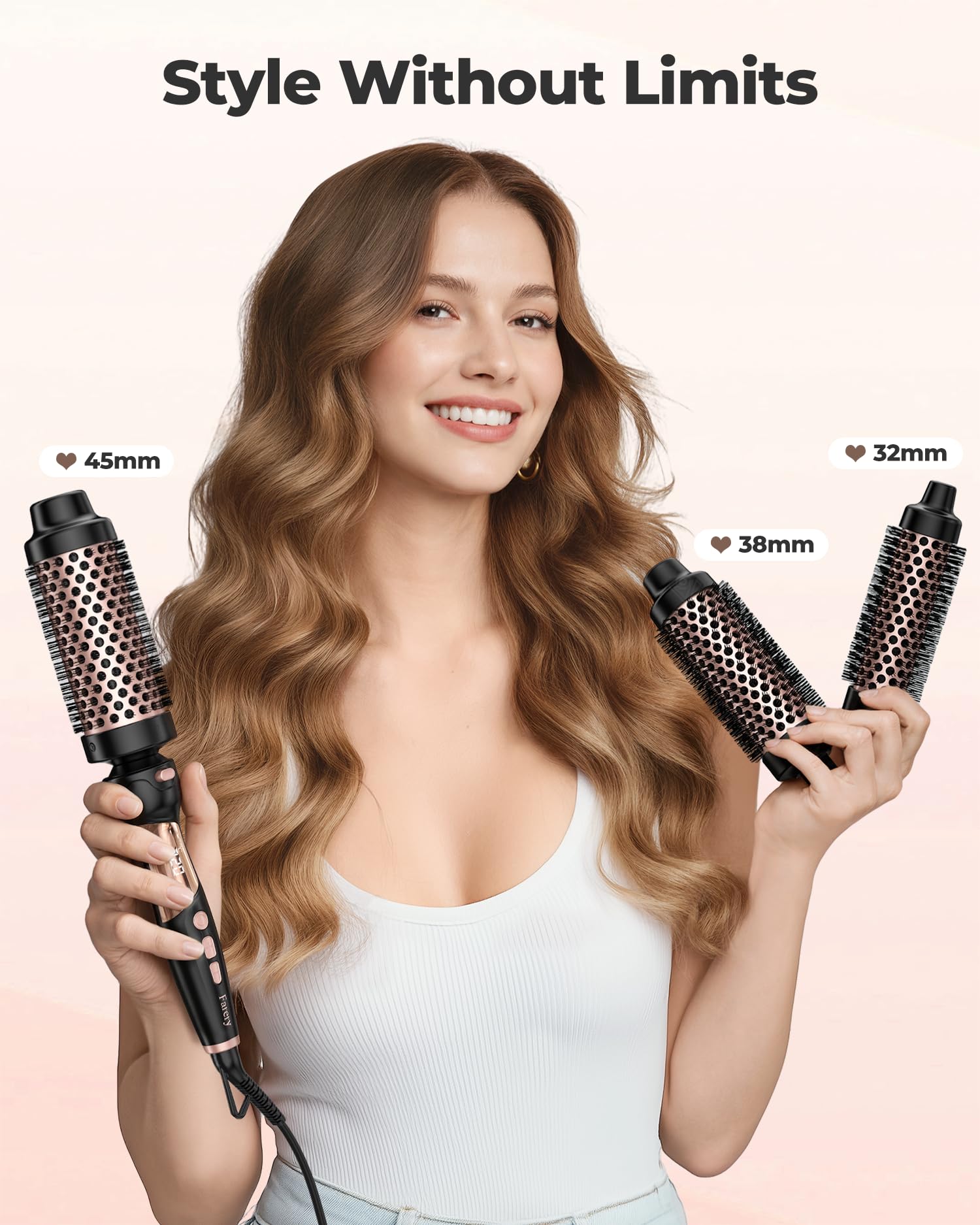 Farery Rizador de pelo térmico de 9 temperaturas Cepillos calientes para cabello medio a grueso y grueso, cepillo de cerámica de calentamiento rápido, cabezales de cepillo intercambiables, con doble