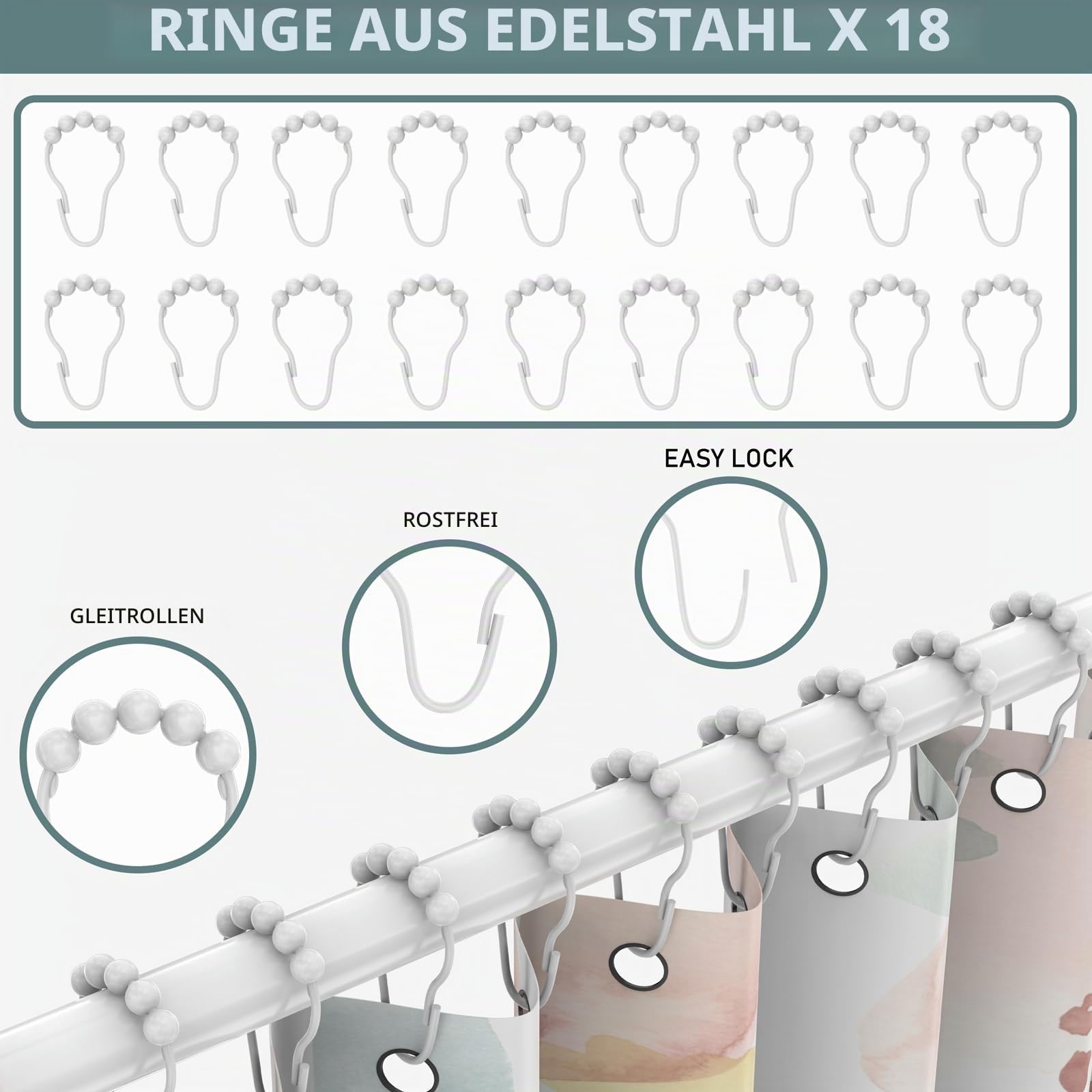 Duschvorhangstange ohne Bohren, 304 Edelstahl L Form Teleskopstange, 75-105 x 115-175 cm, inkl. 18 Ringe, ohne Deckenhalterung, Ecke Duschvorhangstange Rostfrei, für Badewanne & Dusche - Weiß
