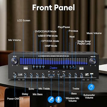 Daakro Stereo Receivers Home Audio Amplifier w/DSP Display,300W Rated Power 5.1 Channel Bluetooth Receiver,Home Amp w/BT/CD/DVD/AUX/USB/BT/FM/Opt/COA/MIC for Home/Studio/Theater Passive Speaker
