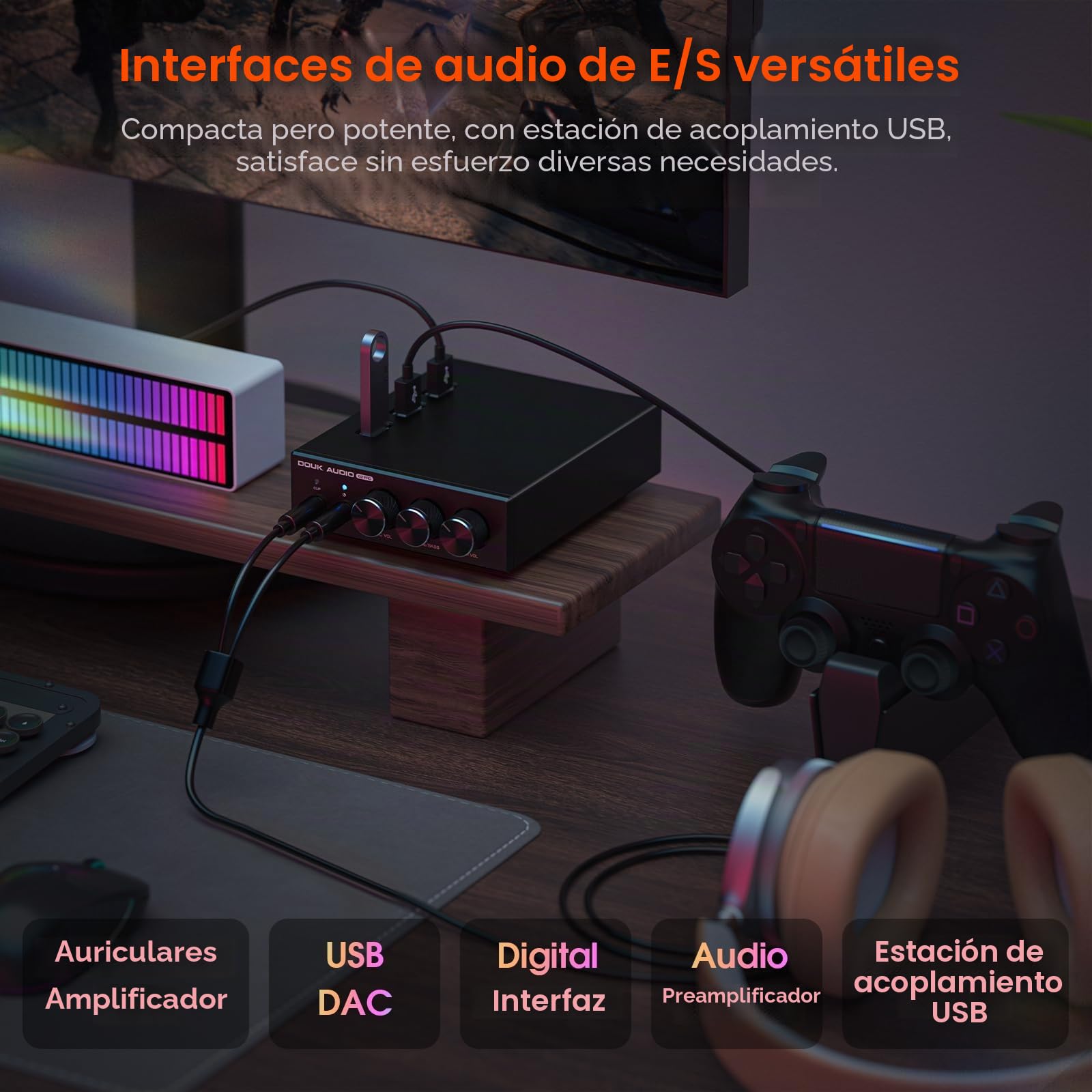 Douk Audio Q2 Pro PC Gaming DAC Amplificador para auriculares con USB & óptica y entrada MIC para PS4, PS5, Xbox, Switch, ordenador, Mac