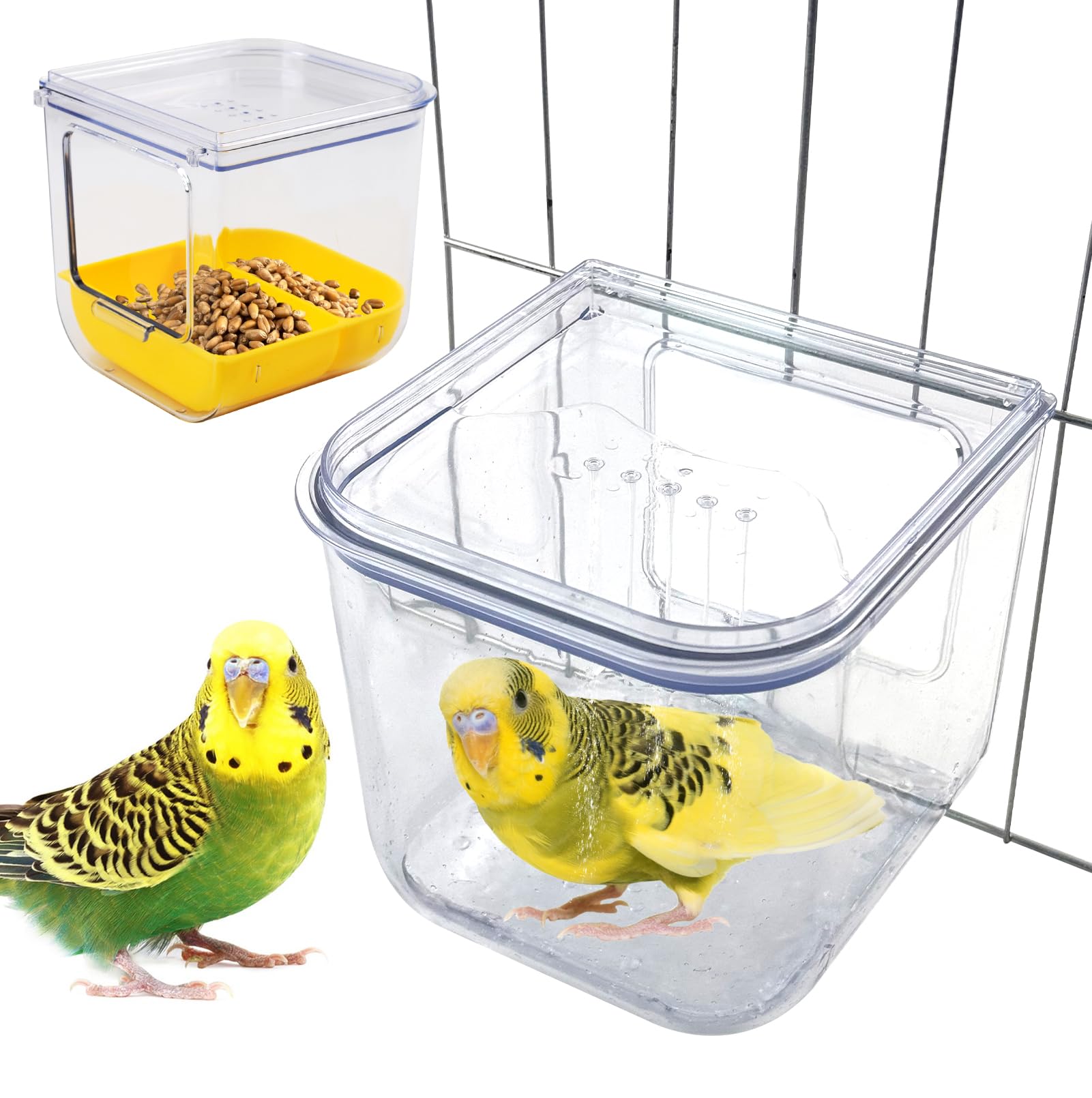 PINVNBY 2 in 1 Bird Bath for Cage,No Mess Parrot Bath Feeder with Hooks Hanging Parakeet Caged Bathing Tubs Multifunction Cube Budgie Shower Box for Canary Cockatiel Lovebird