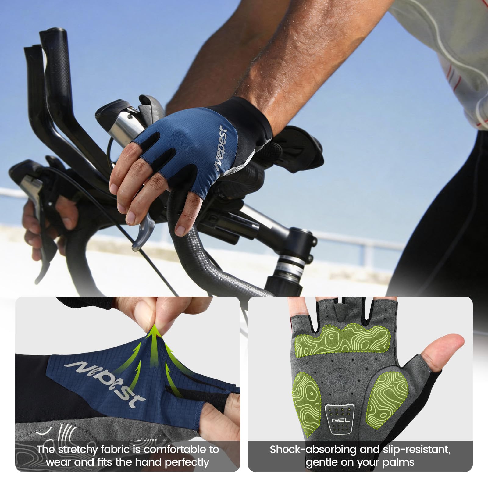 Nepest Guanti da ciclismo a mezze dita, da uomo e donna, imbottiti in gel | Guanti senza dita, ammortizzanti, traspiranti, antiscivolo, morbidi e leggeri, per ciclismo estivi
