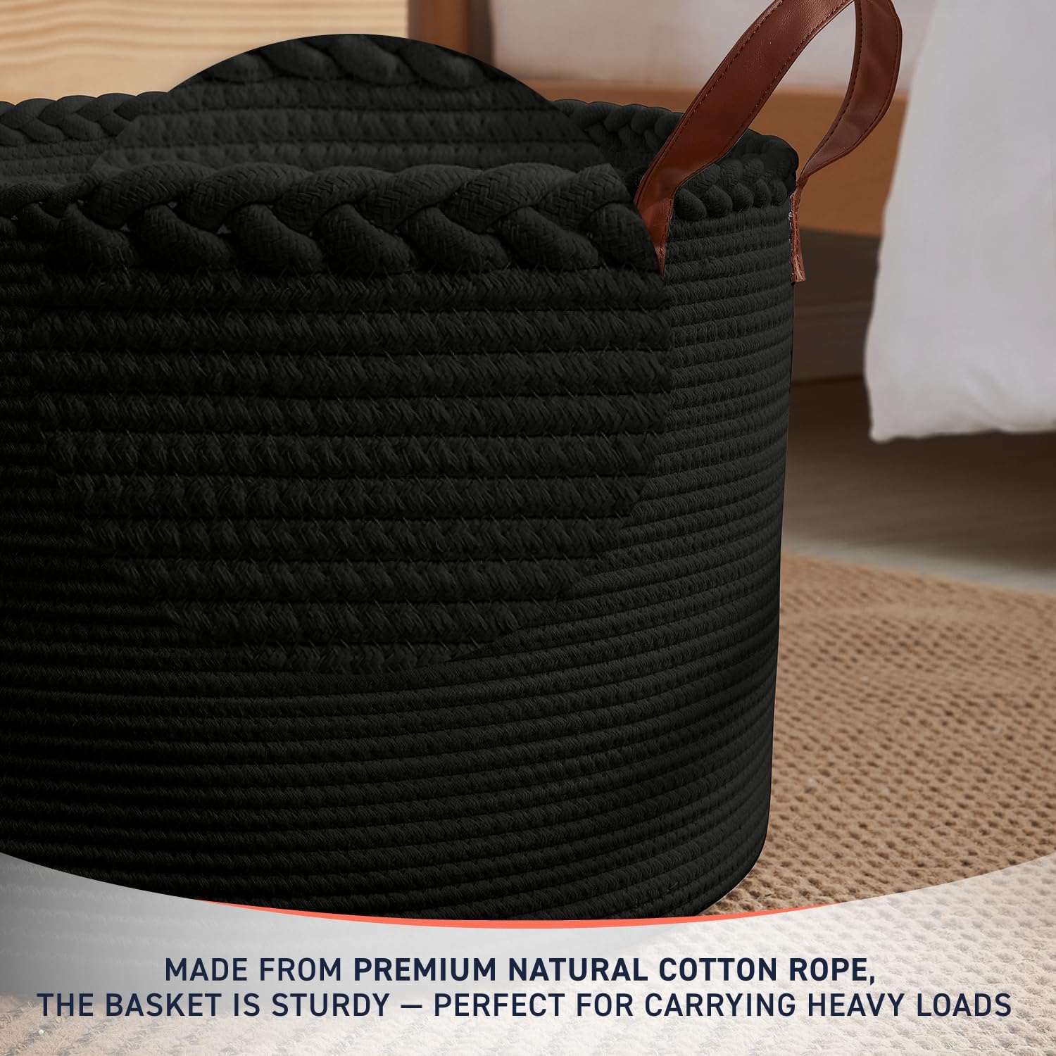 XLarge Round Cotton Rope Storage Basket Bin Organizer Laundry Hamper with Leather Handles, 21 x 21 x 14, Extra Large Blanket Woven Basket for Nursery - Black