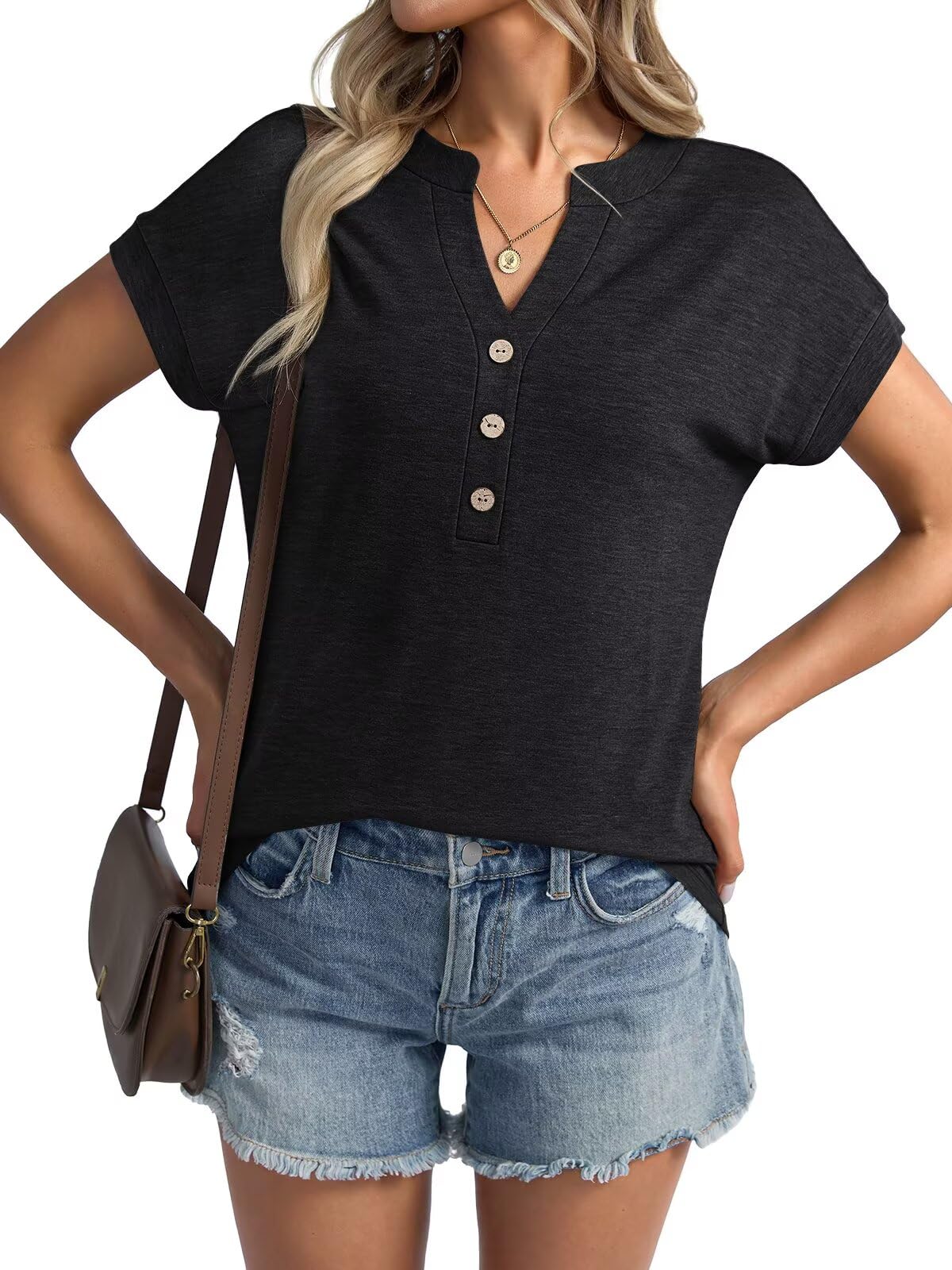 EasyGala Camiseta de manga corta con cuello en V para mujer, estilo casual, holgada, básica, para el trabajo, ropa de moda 2025