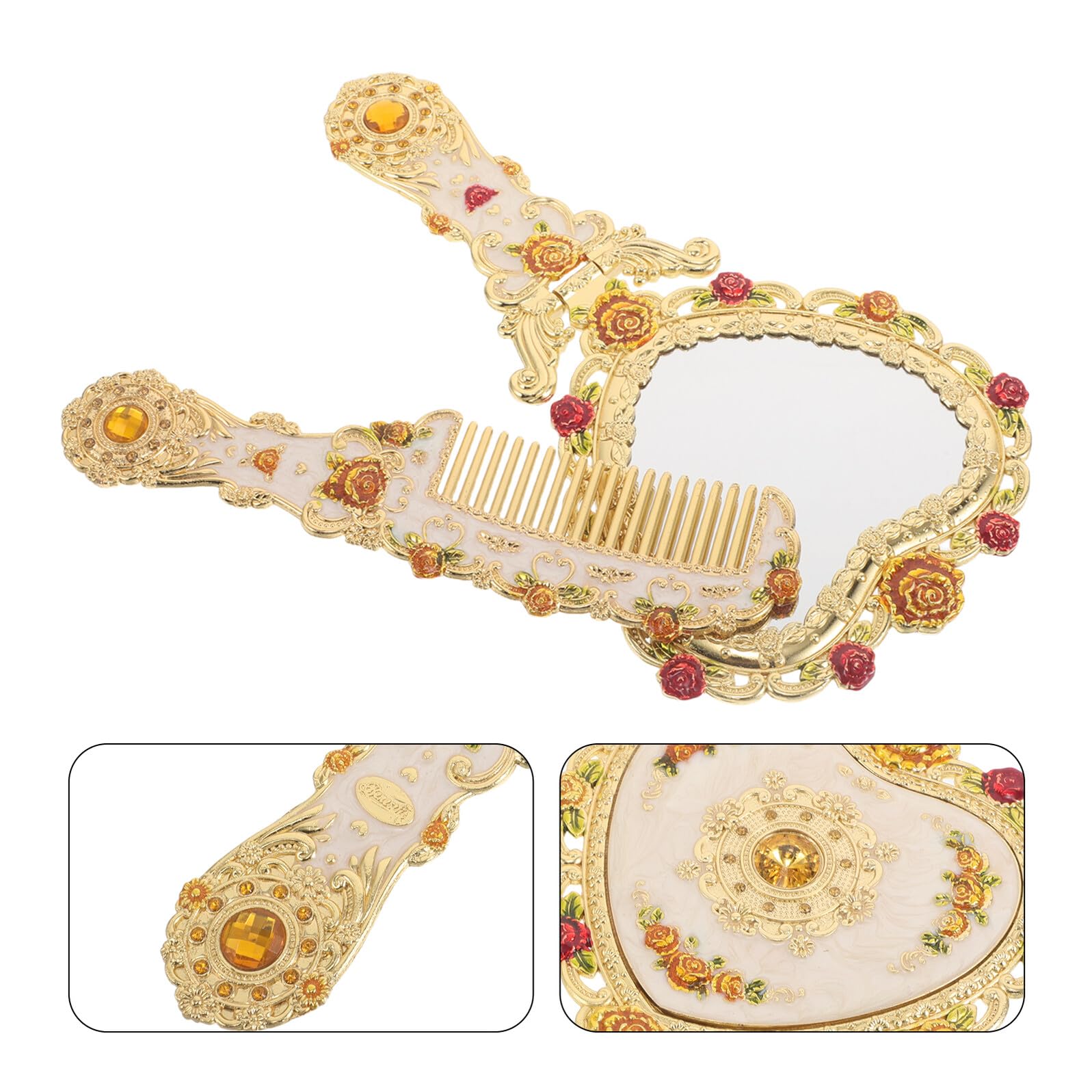 Hohopeti 1 Set Espejo de Mano Vintage con Peine, Espejo Plegable Portátil con Mango Cómodo para Maquillaje y Peinado en Viaje y Uso Diario