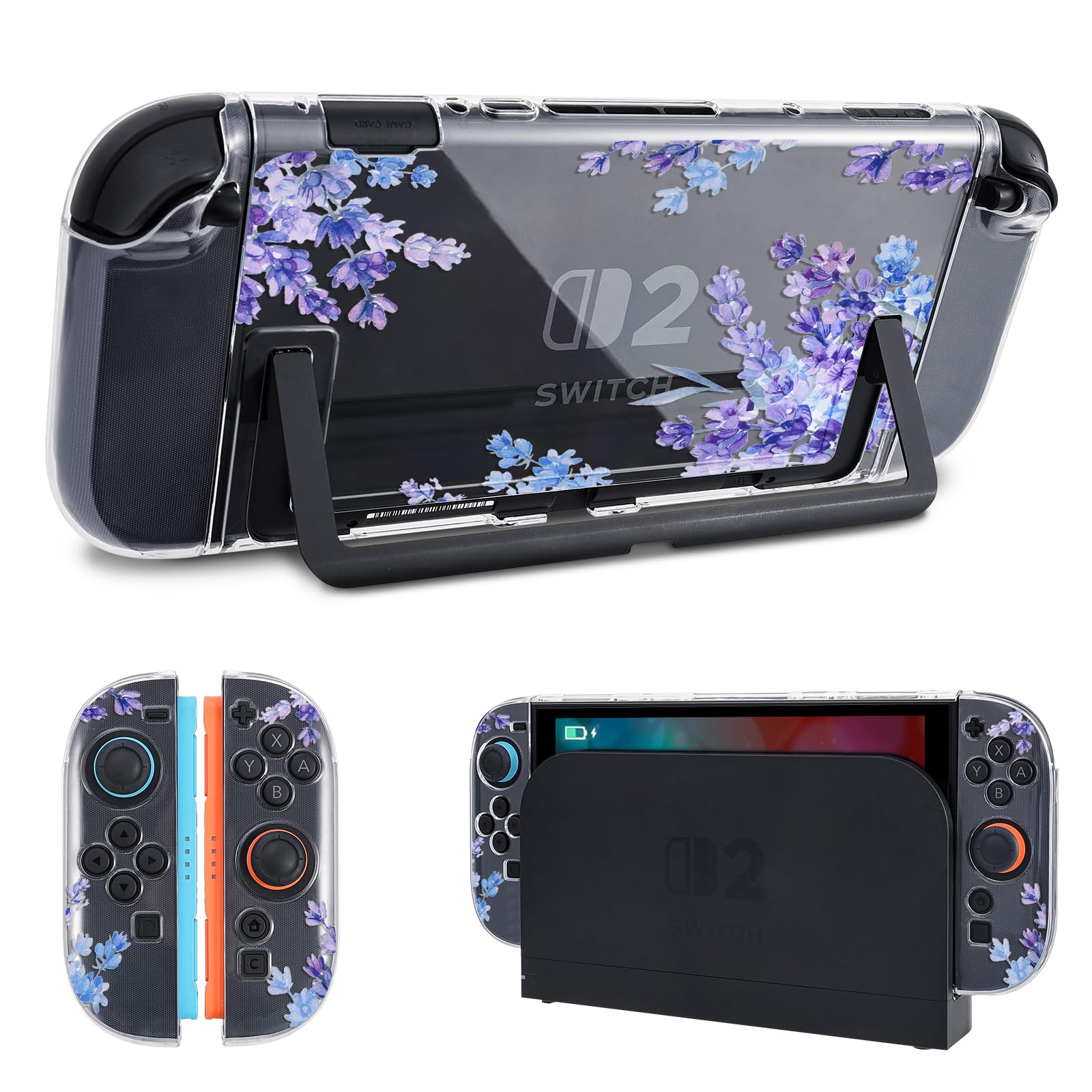 DLseego Protective Case Flower Floral Clear Switch 2 (2025), Detachable Joy-Handle Protective Case 2-Piece Split Full Wrap PC Hard Shell Anti-Scratch All-Round Protection Cover, Lavender, Purple - 2
