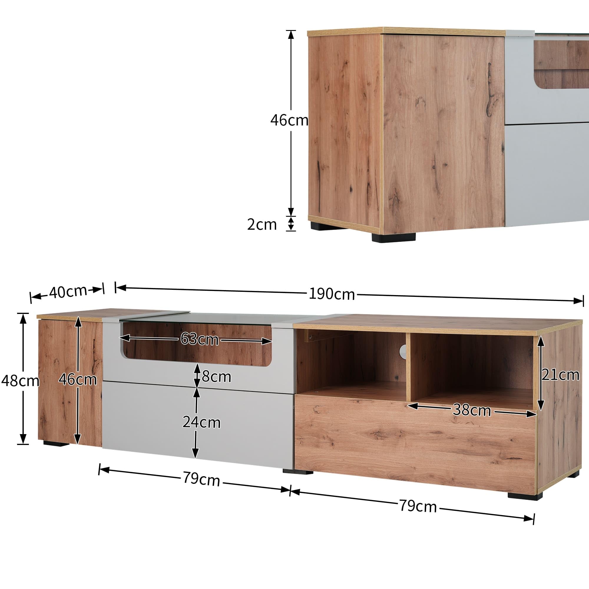 Mobile TV Da 180 Cm Con 2 Ante, 2 Vani Portaoggetti E 1 Cassetto Bianco E Legno Naturale