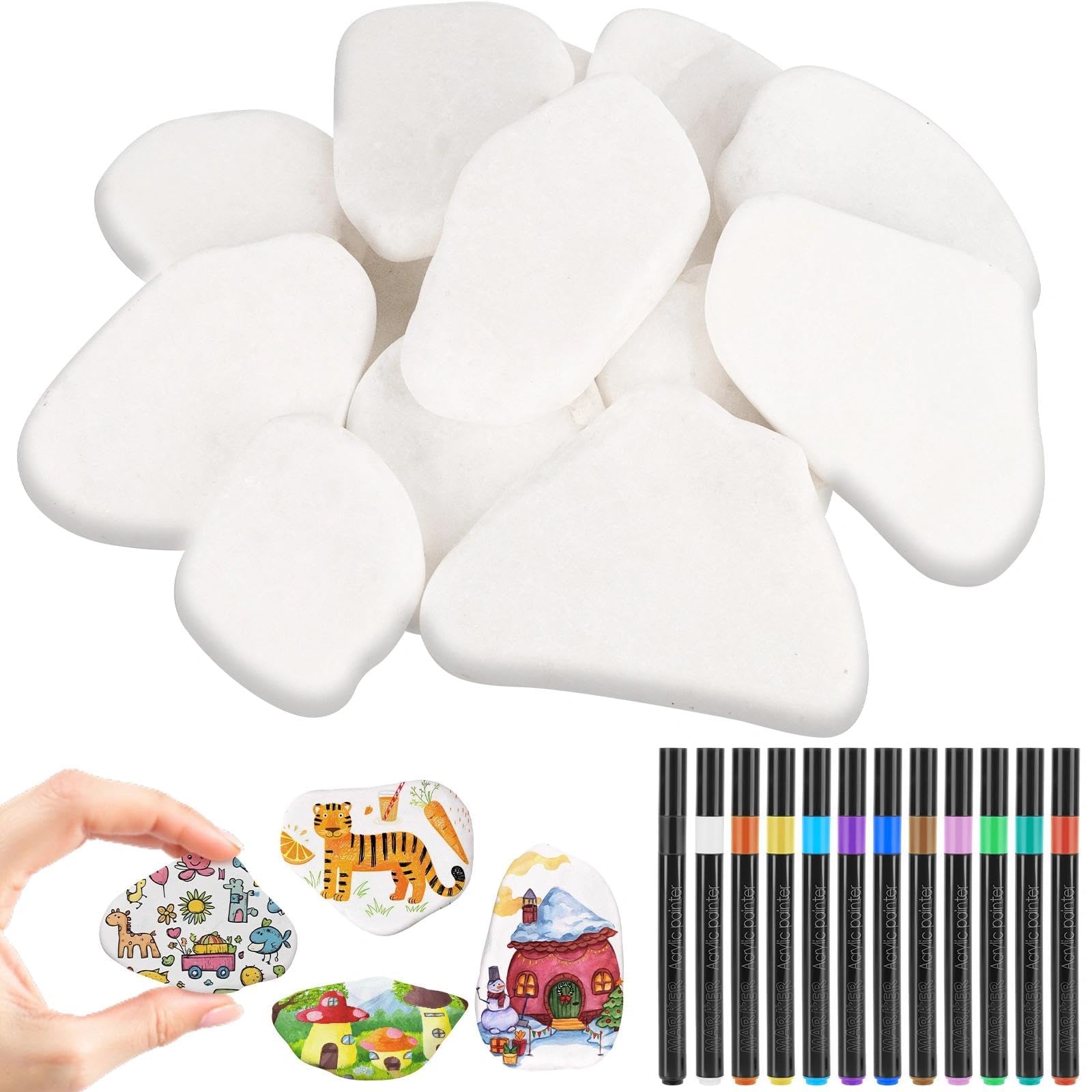 15 Pezzi Dipingere i Ciottoli, 3-8cm Ciottoli Dipinti, Pietre Piatte da Dipingere, Sassi da Dipingere, Pietre Bianche Piatte per Vasi, Pittura, Acquari, Giardino, Confezione Mini, Bianco