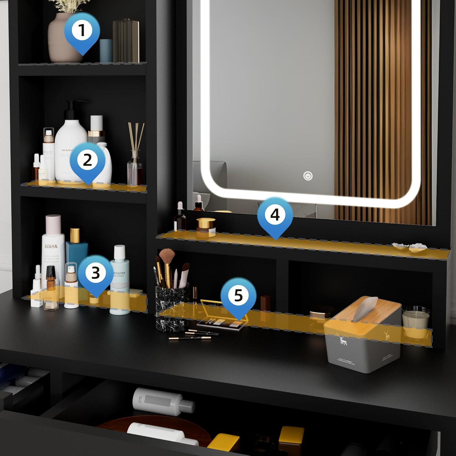 ドレッサー コンパクト 2点セット、3色LEDライト、女優ミラー