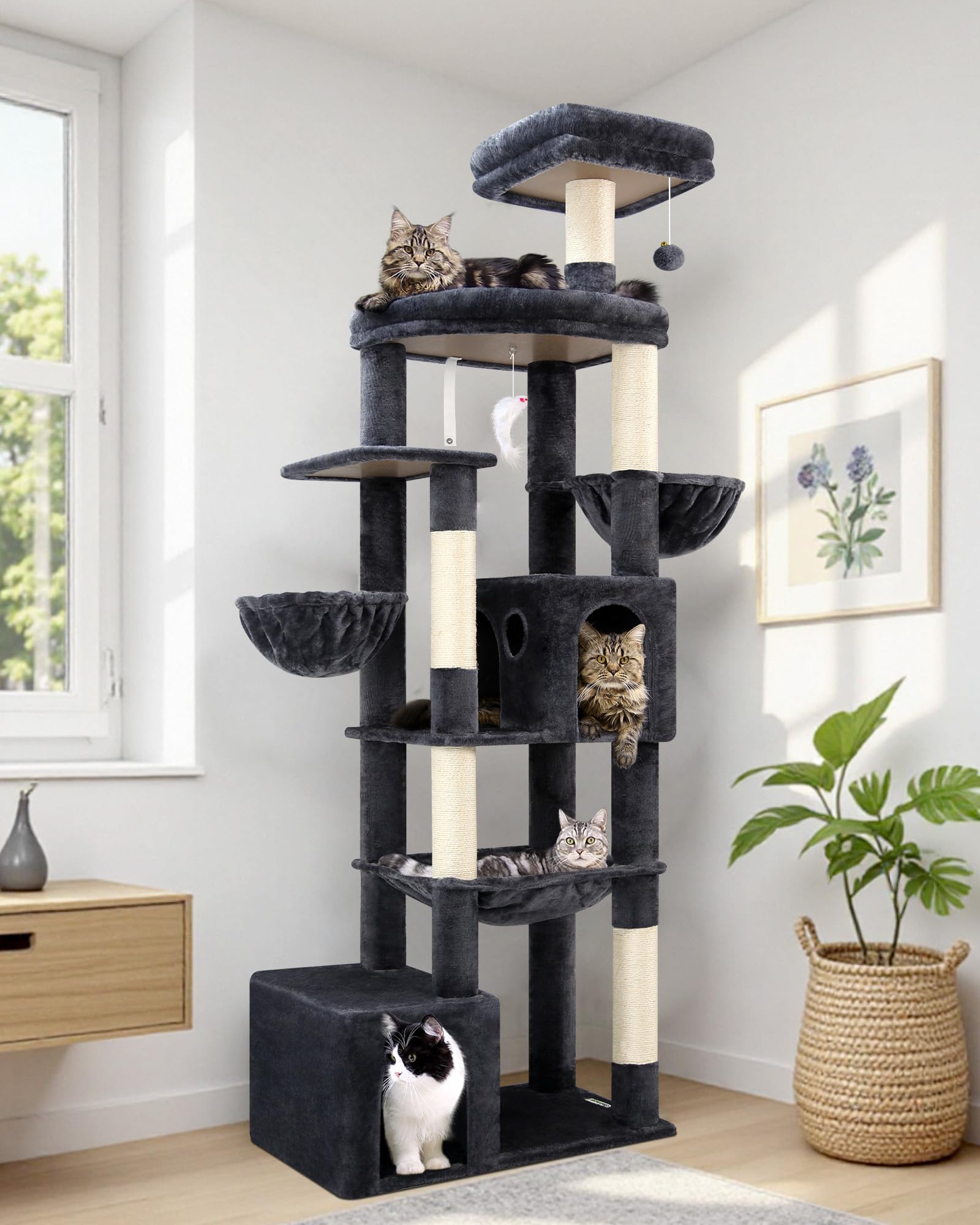 Globlazer Albero Tiragraffi per Gatti XXL 194 cm Alto con 2 Grande Grotte, Amaca 50 * 40CM, Piattaforma Imbottiti, 2 Cestini, Trespoli, Enorme Tiragraffi per 3-5 Gatti Adulti (S76B, Grigio Scuro)