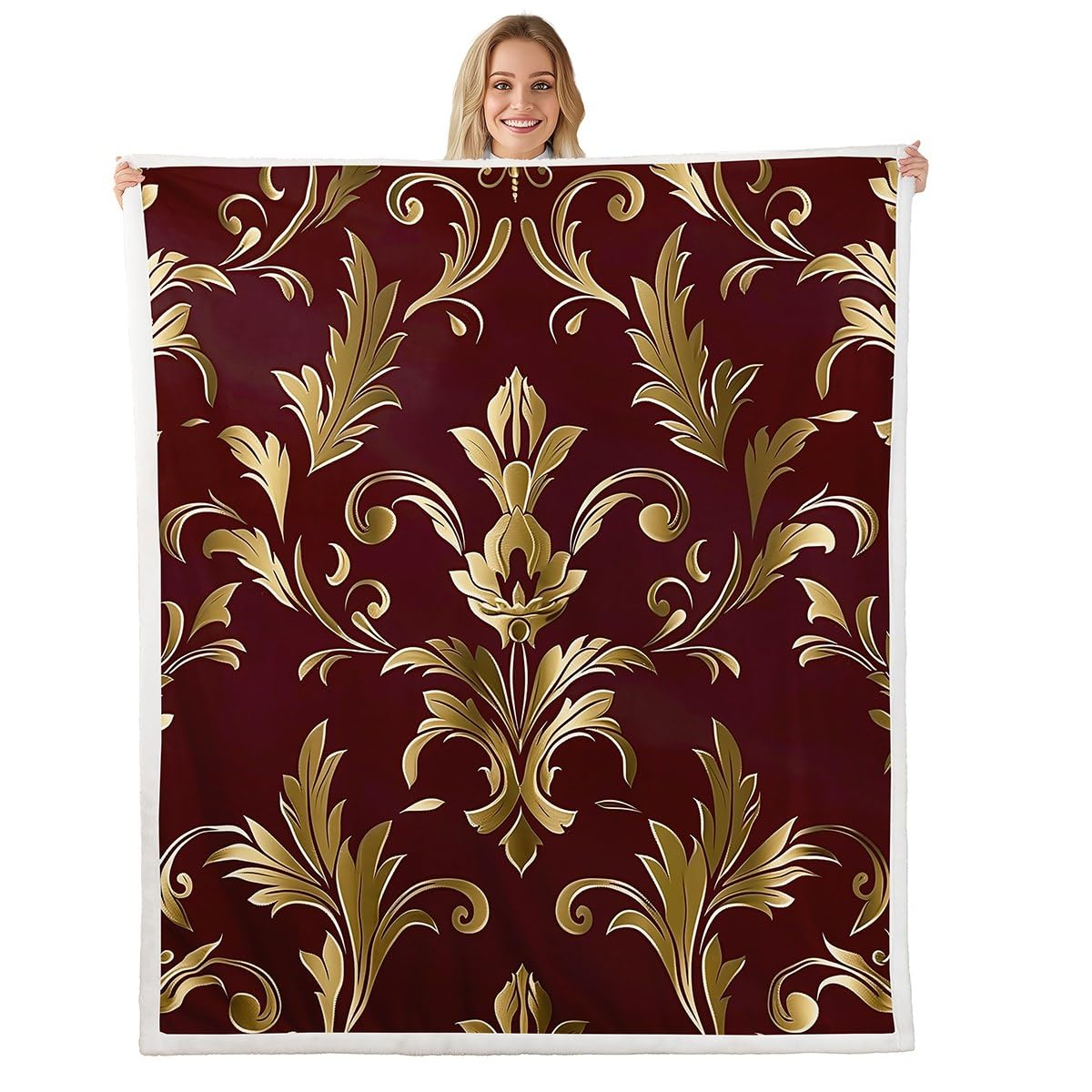 Couverture polaire sherpa damassée rouge dorée 228x228cm pour lit