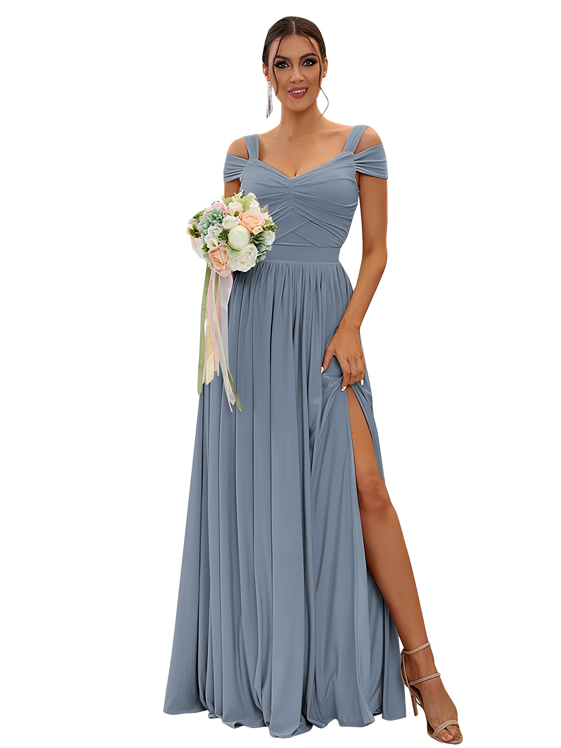 SOLODISHSOLODISH Women's Off The Shoulder Bridesmaid Dresses with Slit Chiffon Long Formal Evening Gown