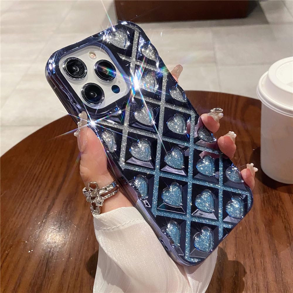 Placage de luxe coque iPhone 13 motif mignon 3D love heart bleu - 7