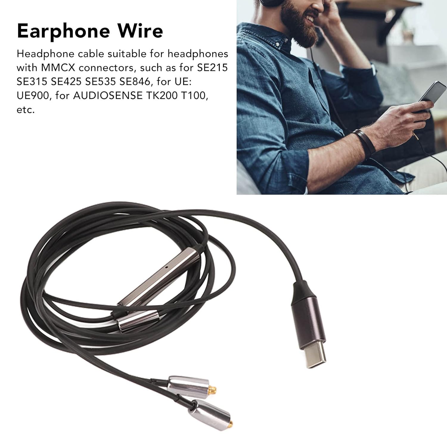 USB C to MMCX Headphone Cable with Mic and Control Unit, Type C to MMCX Oxygen Copper Core Earphone Cable Replacement for SE215 315 535 846
