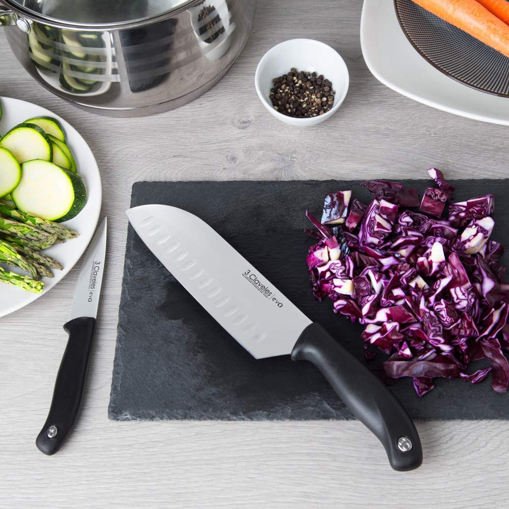3 Claveles EVO zestaw noży do warzyw 9 cm + kuchnia 13,5 cm + Santoku 18 cm, stal nierdzewna, uchwyt polipropylenowy, lekki i wytrzymały