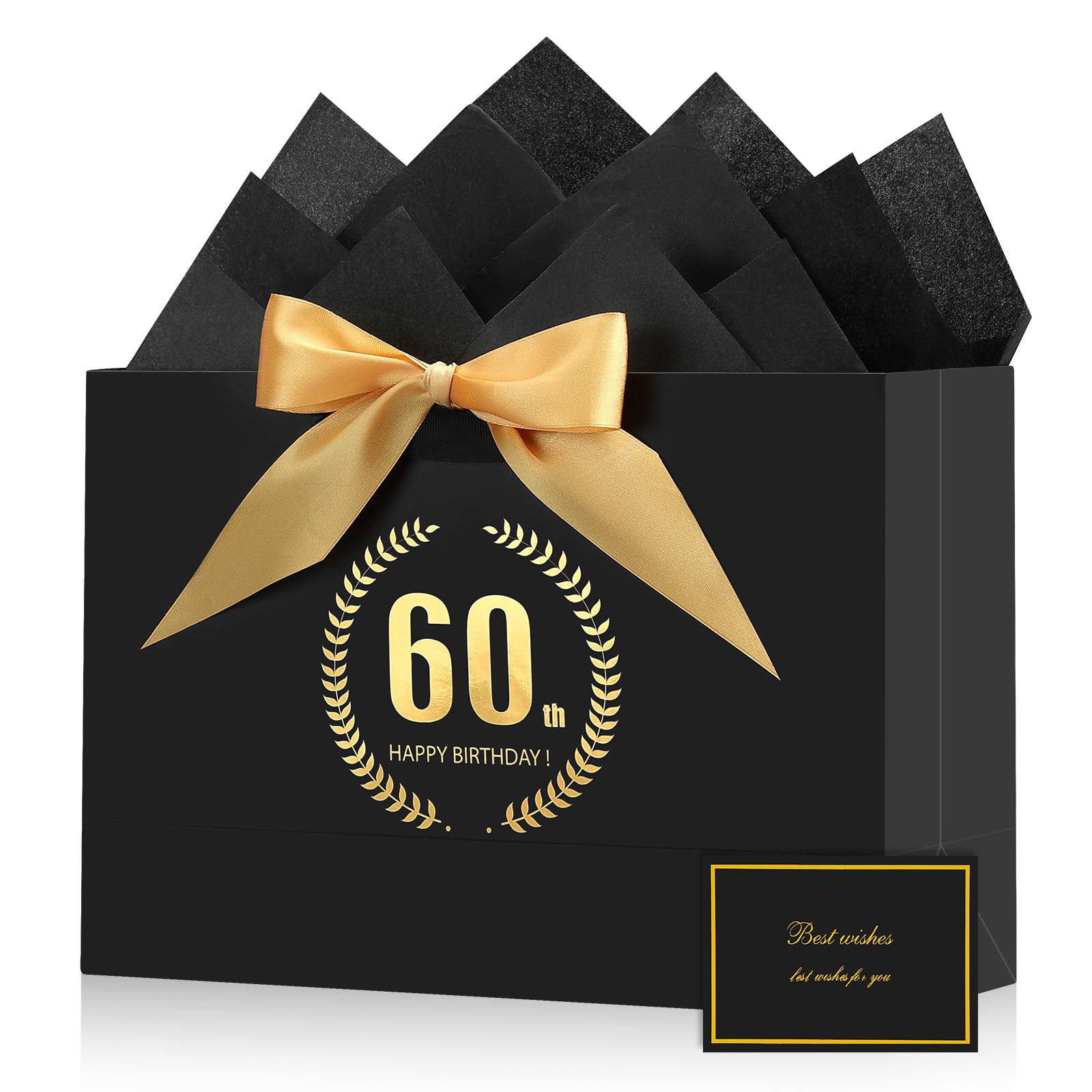 BBLIKE 60th Birthday Gift Bag - Fabulous Black Gold Happy 21 Large Birthday Present Bag for Women Men, With 2 Wrapping Papers 1 Card, Elegant Anniversary Decorations Party Supplies Shopping Paper Bags — image 1