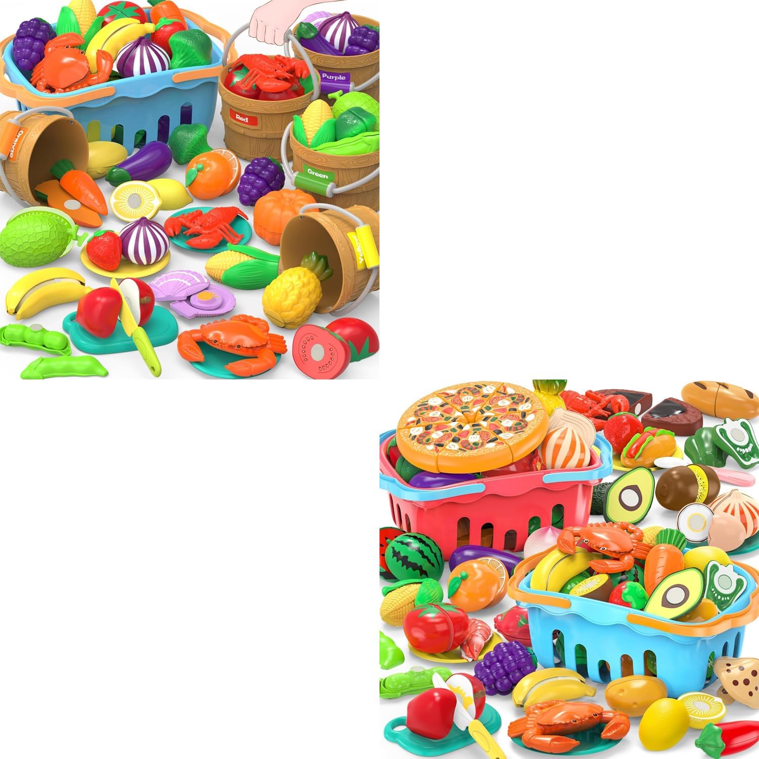 Sorting Play Food Sets - 5 Buckets, 1 Storage Basket & 120 Pcs Cutting Play Food Toy with 2 Colors Storage Basket, Cutting Fake Food Toys for Kids Kitchen, Preschool Learning Educational Birthday