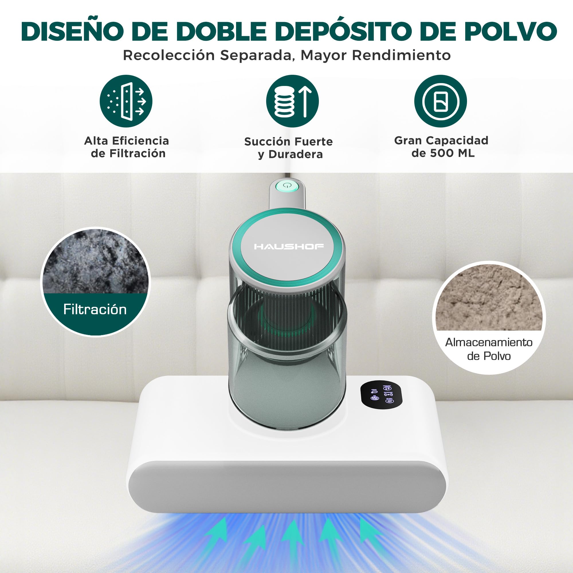 HAUSHOF Aspirador Antiácaros para Colchones 400 W, 10500 RPM con Luz UV-C 275 nm, Aire Caliente 60 ℃, Pantalla LED y Depósitos Dobles, Ideal para Camas, Sofás y Alfombras
