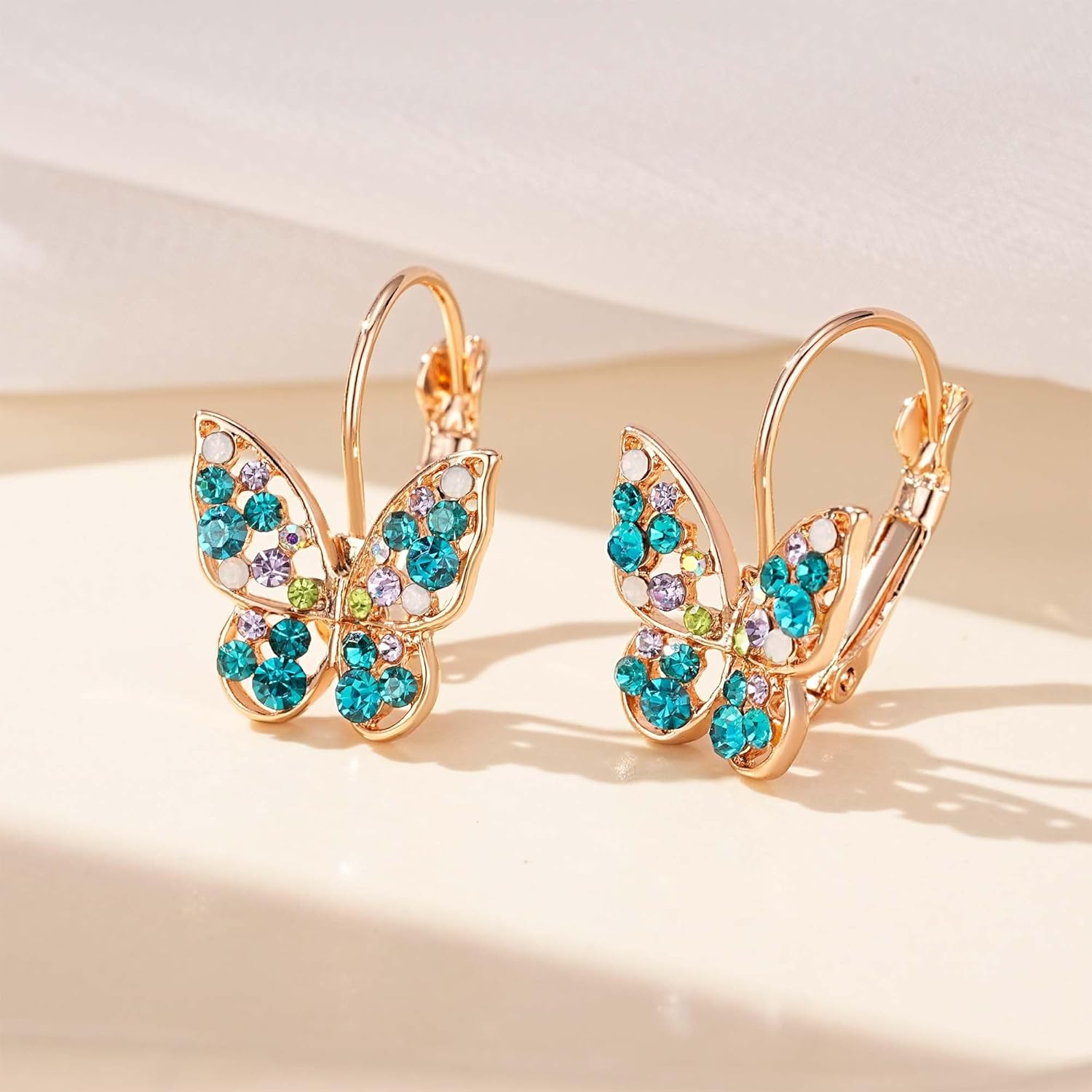 EVEVIC Austrian Crystal Butterfly Leverback Earrings for Women 14K Gold Plated Rhinestone Drop Earrings Hypoallergenic Jewelry Gifts - Image 3