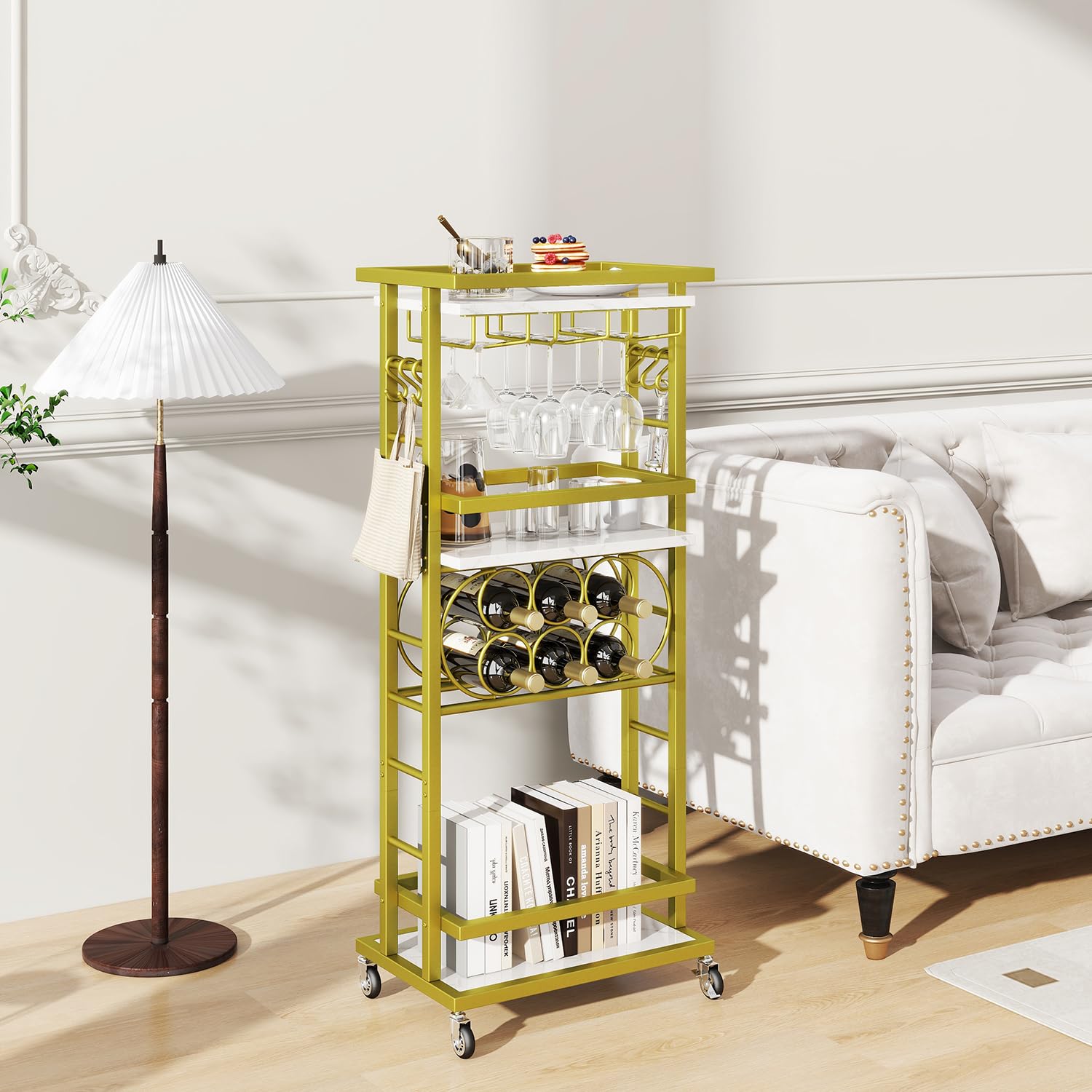 IBUYKE Botellero Vino con Ruedas, Carrito Bar 4 Niveles, Mini Bar rodante Blanco