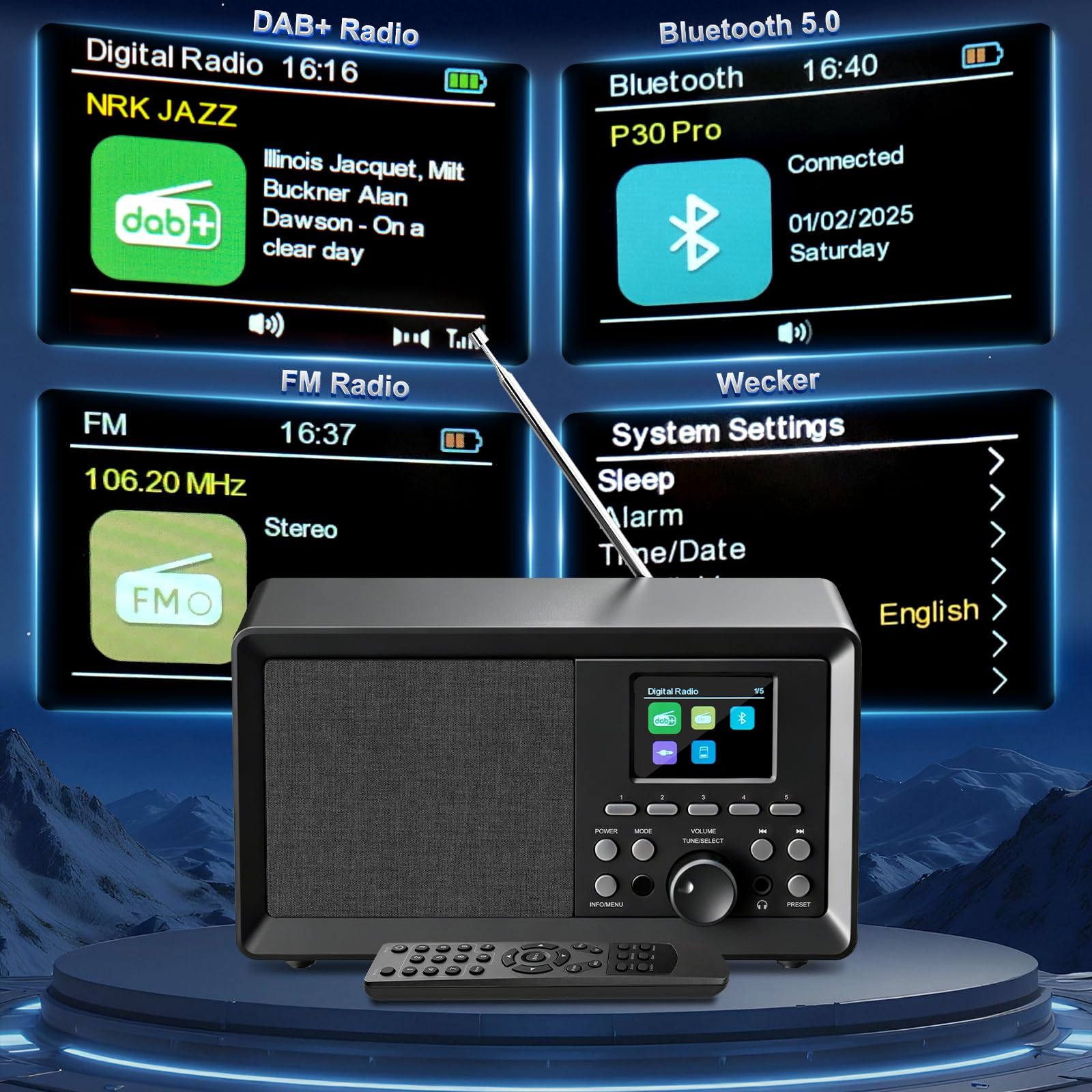 Radio Dab Plus, Radio Dab Portable (Dab+, Dab, FM, Bluetooth, Prise Casque, Fonction Réveil, Minuterie de Mise en Veille, Port USB/AUX)
