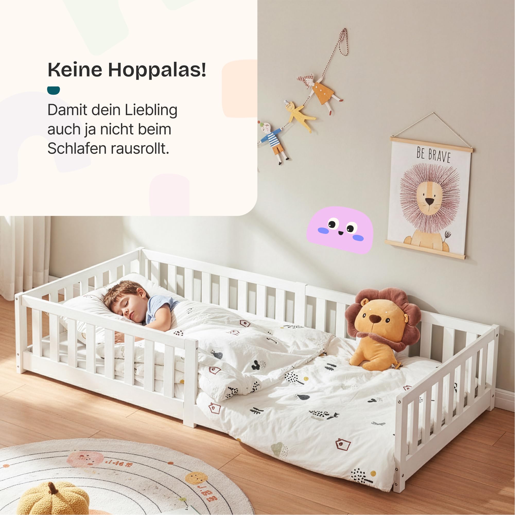 [en.casa] Kinderbett Tanna Bodenbett 90 x 200 cm Holzbett für Kinder mit Rausfallschutz Montessori Bettgestell mit Lattenrost Kiefernholz Weiß