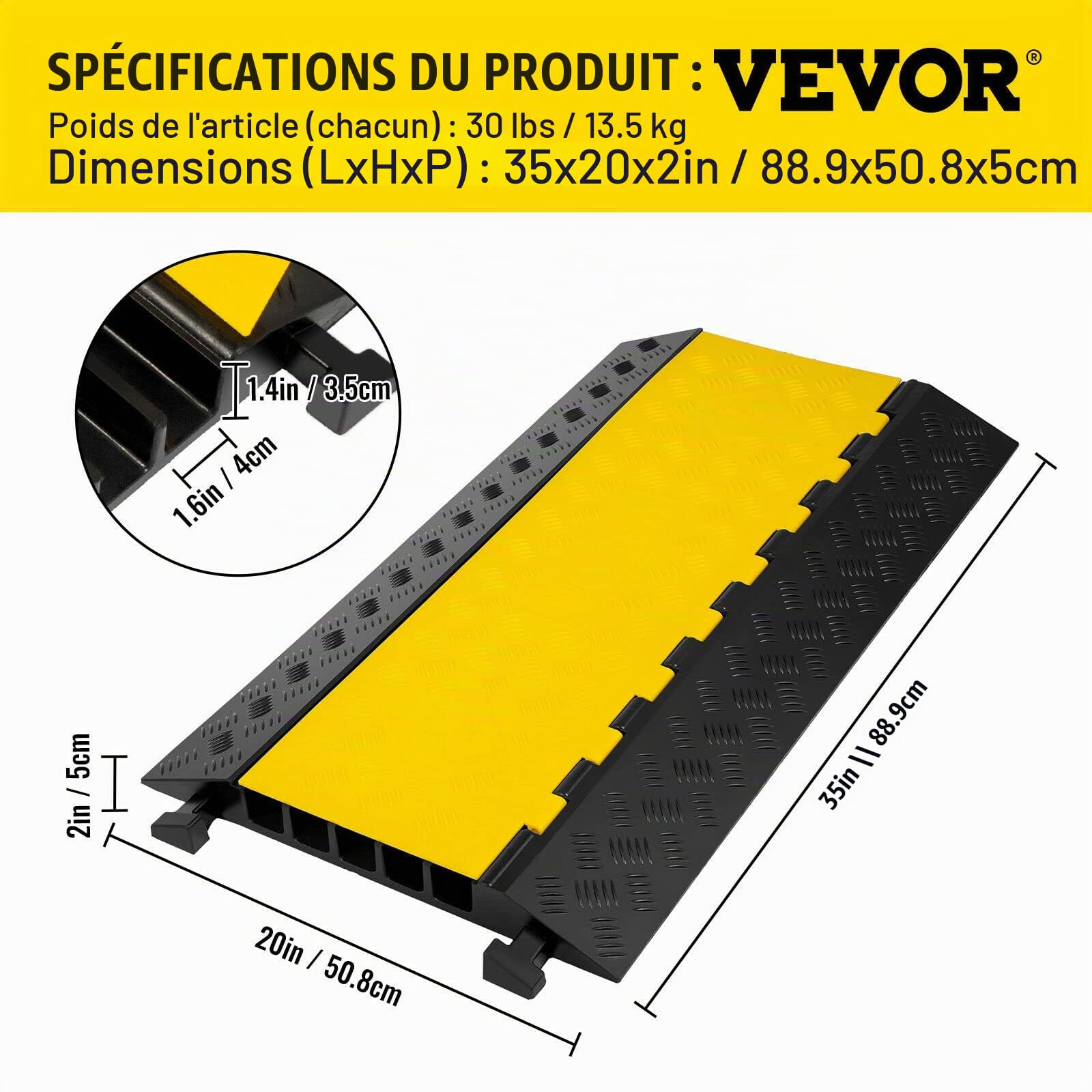 VEVOR Rampe de Protection de Câble Exterieur 35 x 4 mm Rampe de Cache-Câble 5 Canaux Passe Câble Sol Protecteur de Câble Sol Goulotte Passe Câble Couvre Câble Parking Entrepôt Concert Hôtel Scènes