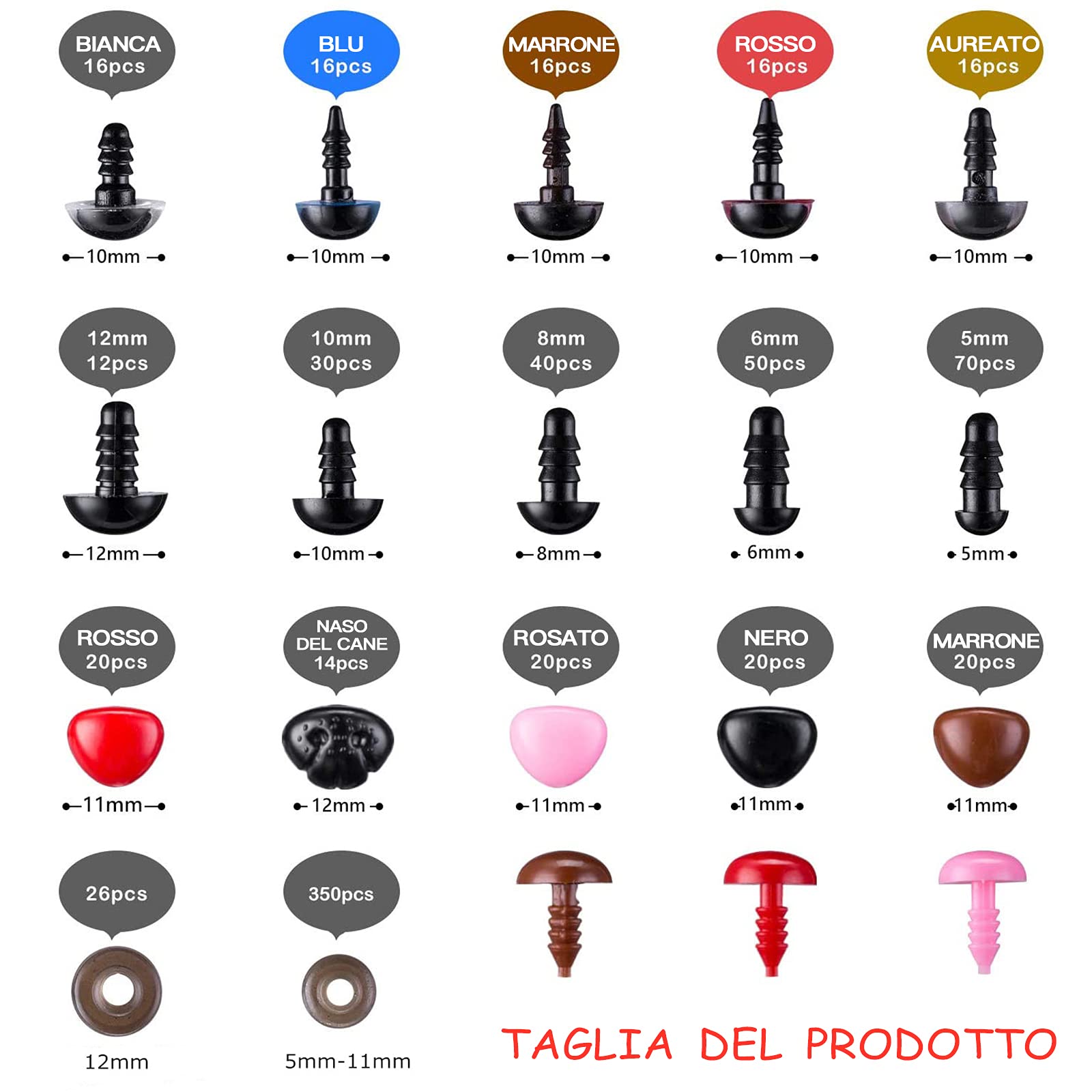 VEGCOO 720 Pezzi Pupazzo Occhi, Colorato Occhi di Plastica per Occhi e Naso di Sicurezza, Accessori per Giocattoli Fai-da-Te per Bambole Teddy, Giocattoli di Peluche e Artigianato di Marionette