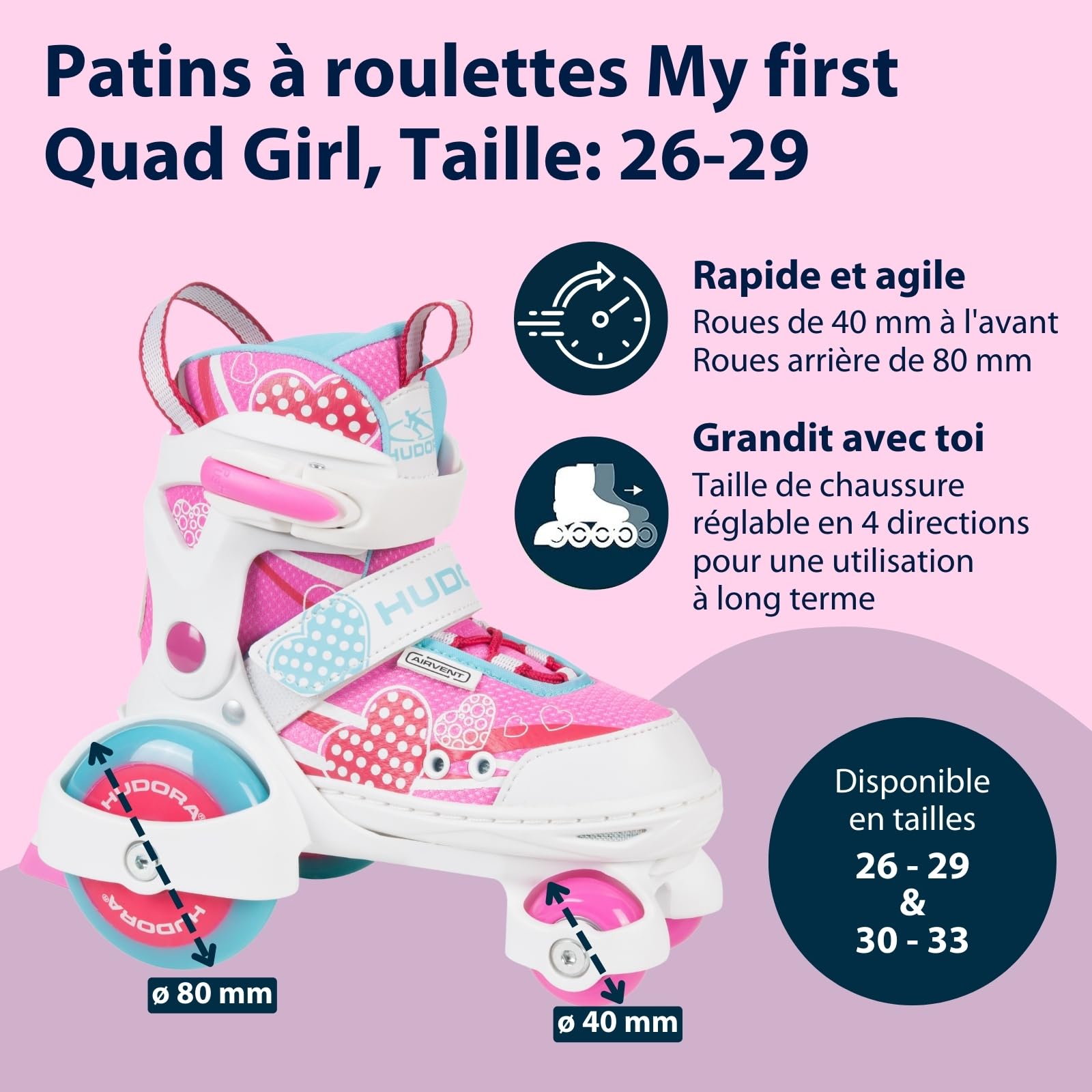 HUDORA Patins à roulettes My First Quad en différentes Tailles & Couleurs - Rollers à Taille réglable de qualité pour Enfants jusqu'à 20kg - Patins sûrs pour débutants avec Grandes Roues