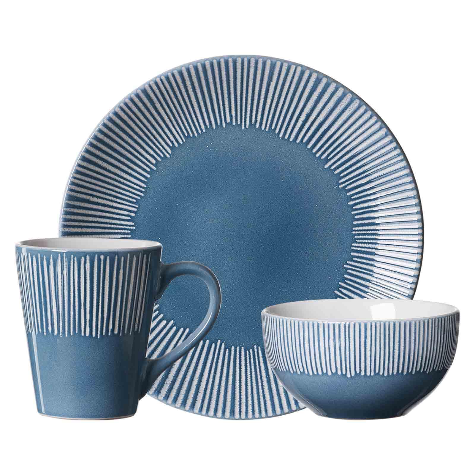 Ritzenhoff & Breker Banda Frühstücks-Set 18-teilig, Teller (21 cm) Schalen (14 cm) und Becher (315 ml) mit Streifen-Relief, Minimalistisches Geschirr in Coupe-Form, Spülmaschinenfest, Steingut, Blau