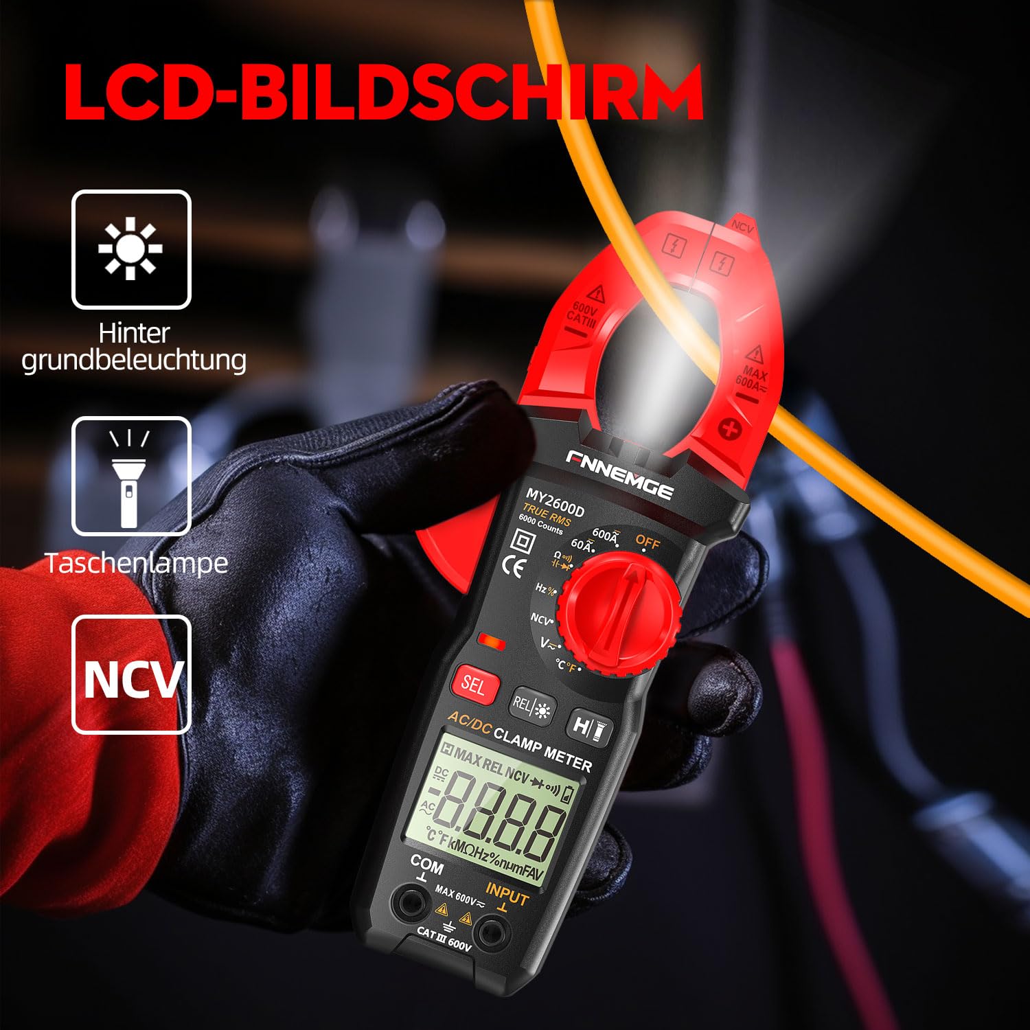 FNNEMGE Digitaler Stromzangen Multimeter DC/AC: 0-600A, Echteffektivwert, 6000 Zählungen, NCV-Messung von Wechselstrom/Gleichstrom, Spannung, Widerstand, Kapazität, Temperatur