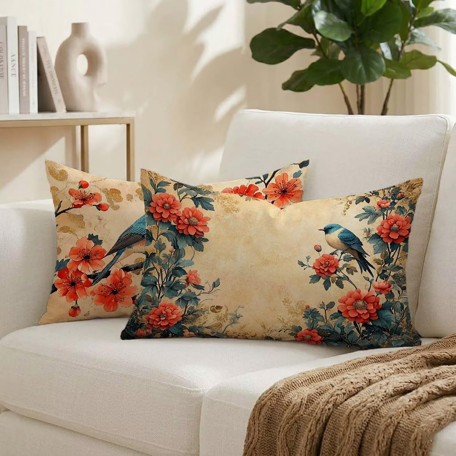 Coussin extérieur imperméable 50x80 cm motif oiseau rétro en lin pour salon de jardin