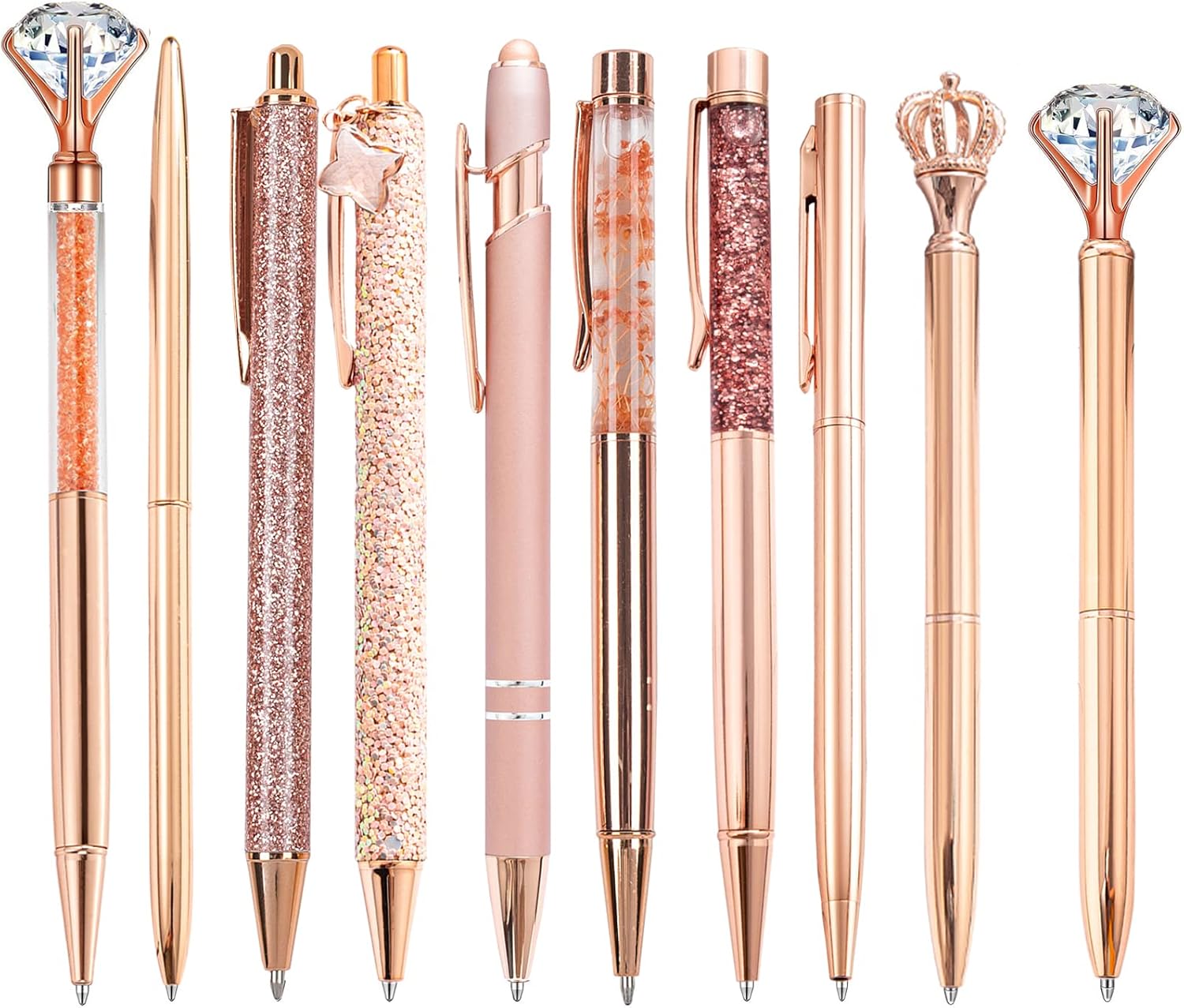 10Pcs Rose Gold Ballpoint Pens Set, Black Ink Retractable Crystal