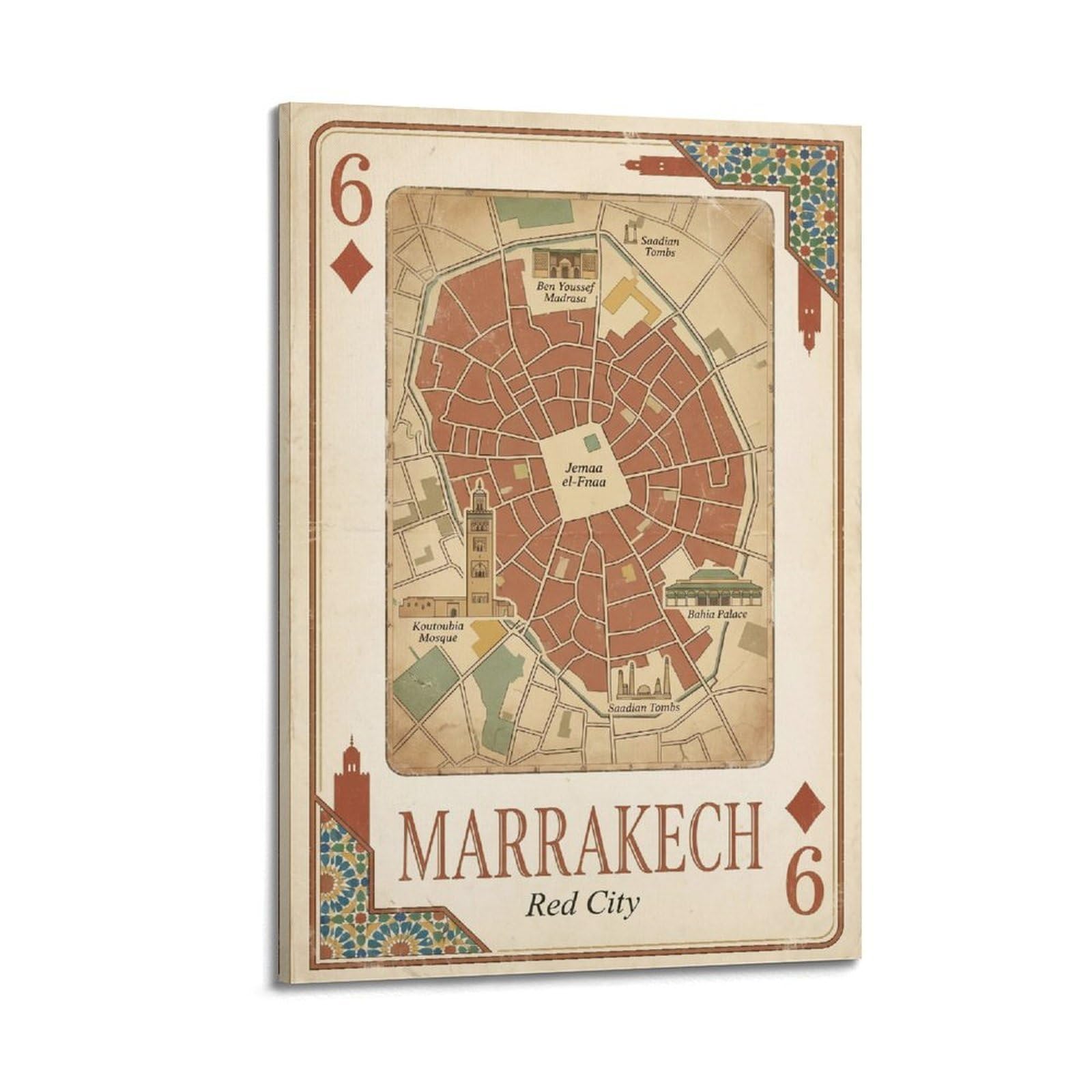 OKNGB Vintage City Map Poster Marrakech Morocco Red City Playing Card Style Decorative Painting Canvas Art Picture 08x12inch(20x30cm)