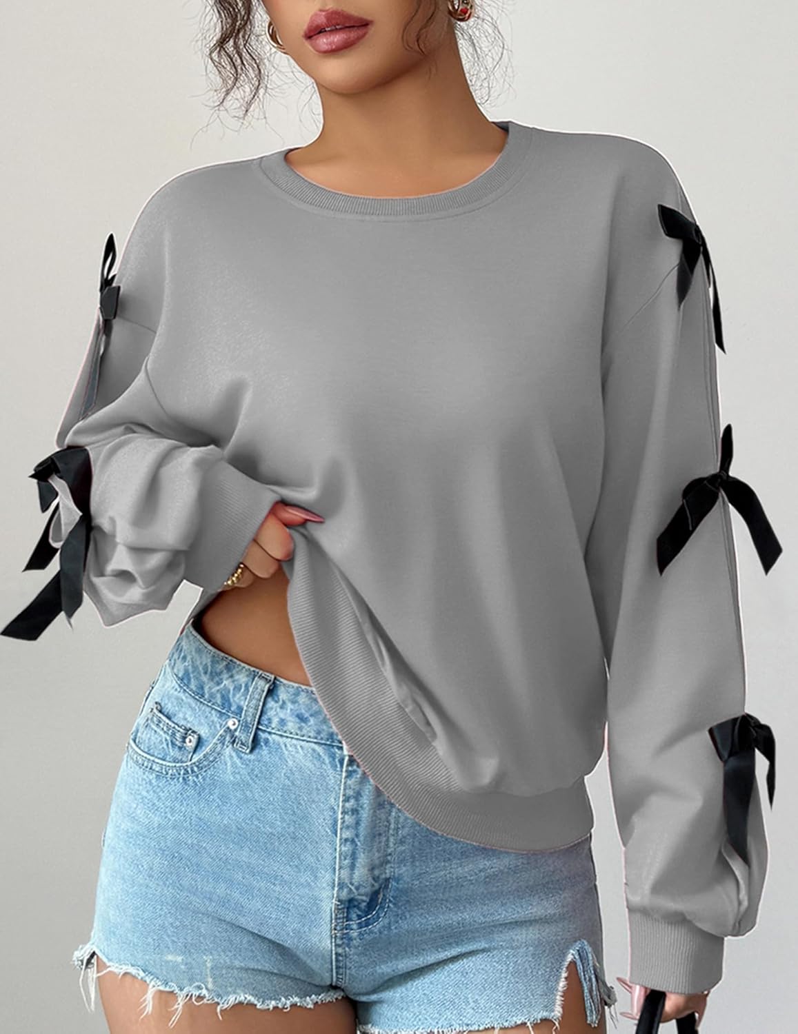 Womens Bow Lightweight Sweatshirt Oversized Crew Neck Comfy Long Sleeve Casual Loose Pullover Top Y2K Clothes - Image 3