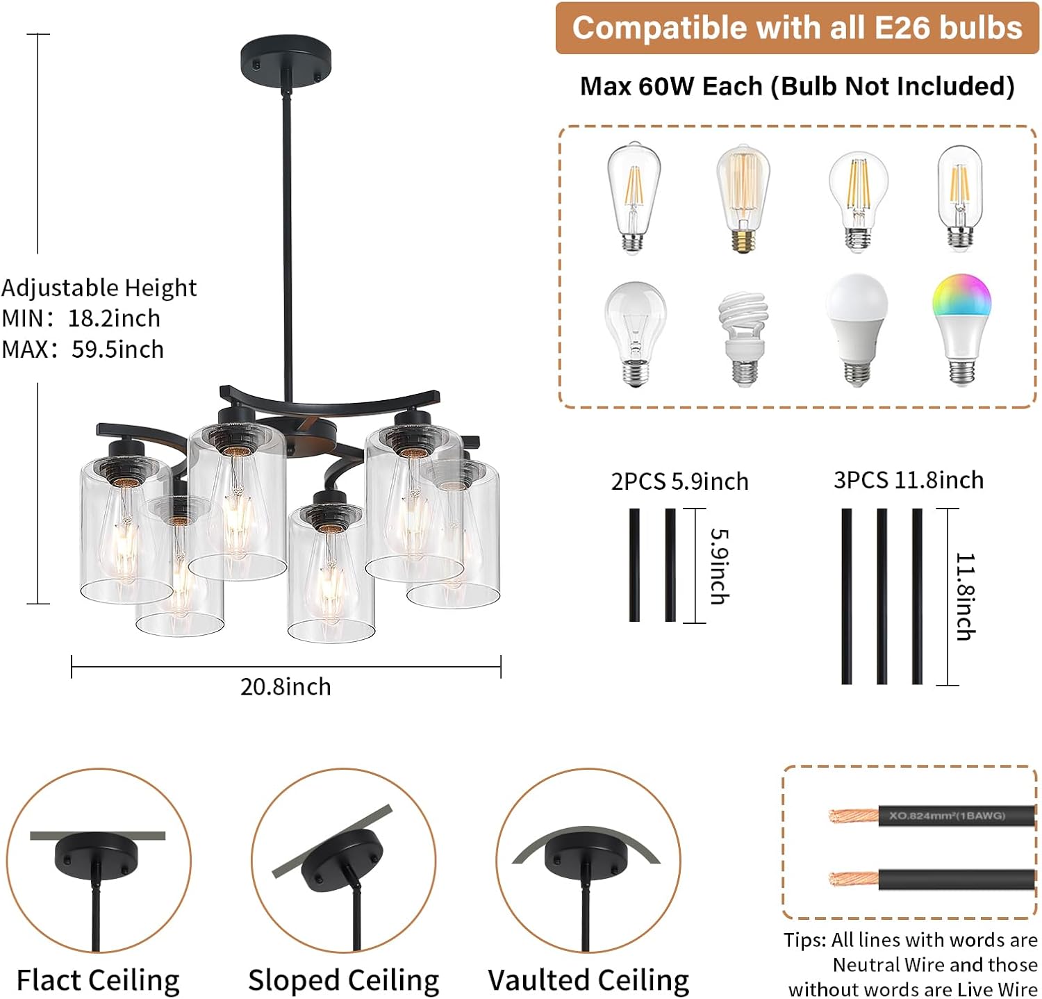 6-Light Modern Farmhouse Black Chandeliers for Dining Room,20.8" Kitchen Island Black Chandelier Over Table,Adjustable Height Hanging Pendant Lights,Clear Glass Shade Ceiling Light Fixture