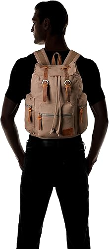 Miniatura 7 de HuaChen Mochila de viaje de lona vintage con ribete de cuero, funda acolchada para laptop, bolsillo de seguridad trasero oculto, se adapta a 14