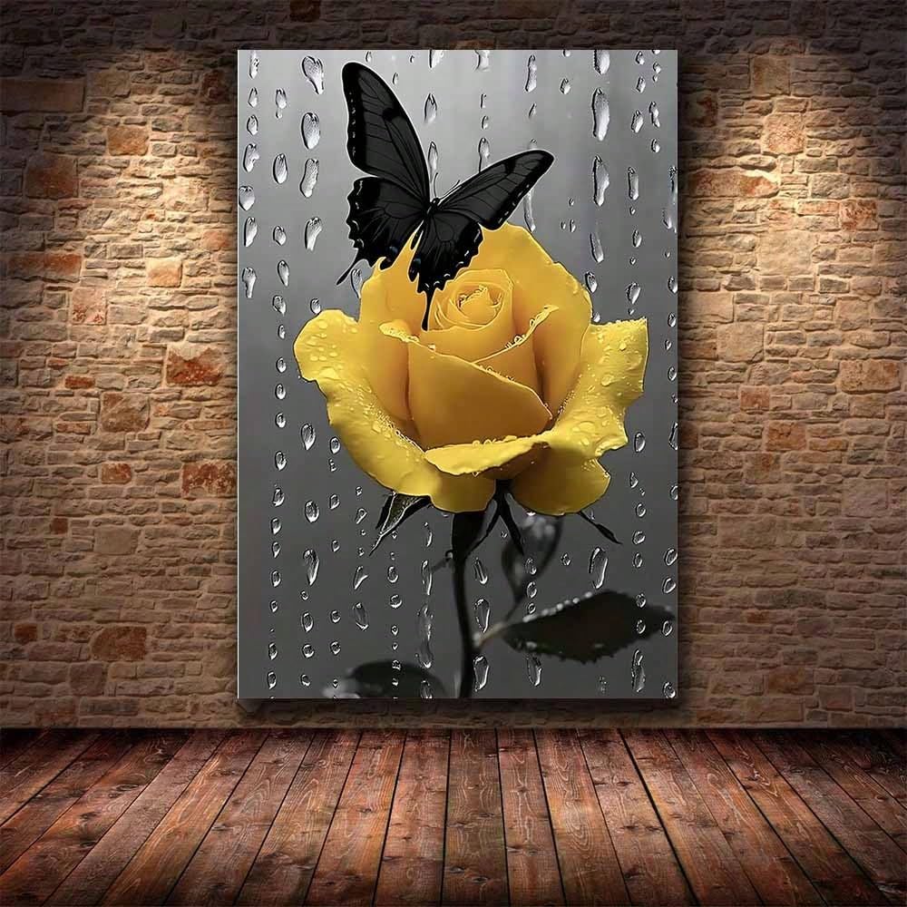 1 lienzo decorativo para pared, estampado de rosas amarillas con mariposas, para decoración de sala de estar, dormitorio, cocina y oficina (60x80cm/sin marco).
