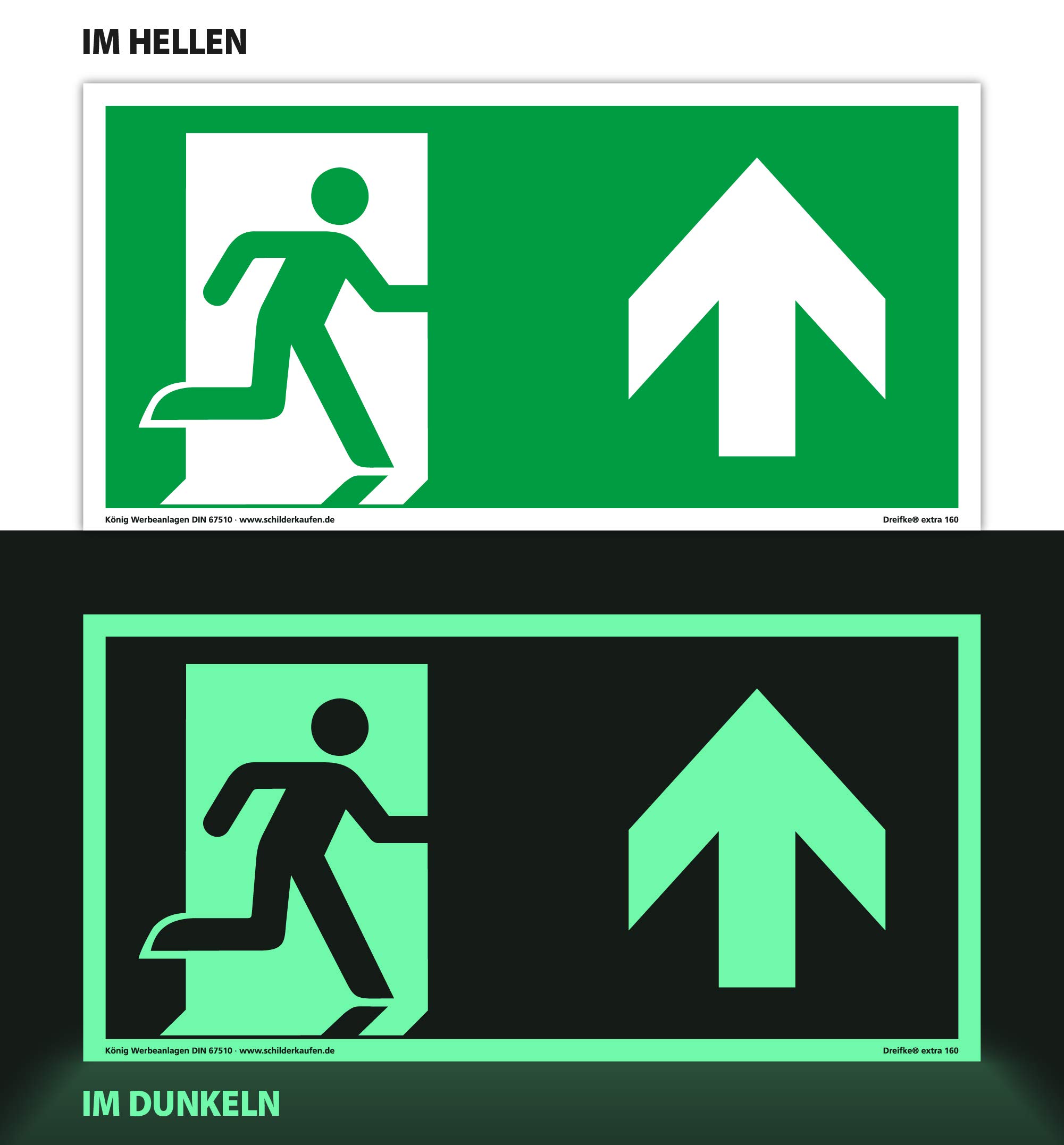 Notausgangsschild Selbstklebend - Extra Langnachleuchtend, 297x148mm, PVC, Gemäß BGV 8A / DIN 67510, Mit Pfeil Rechts