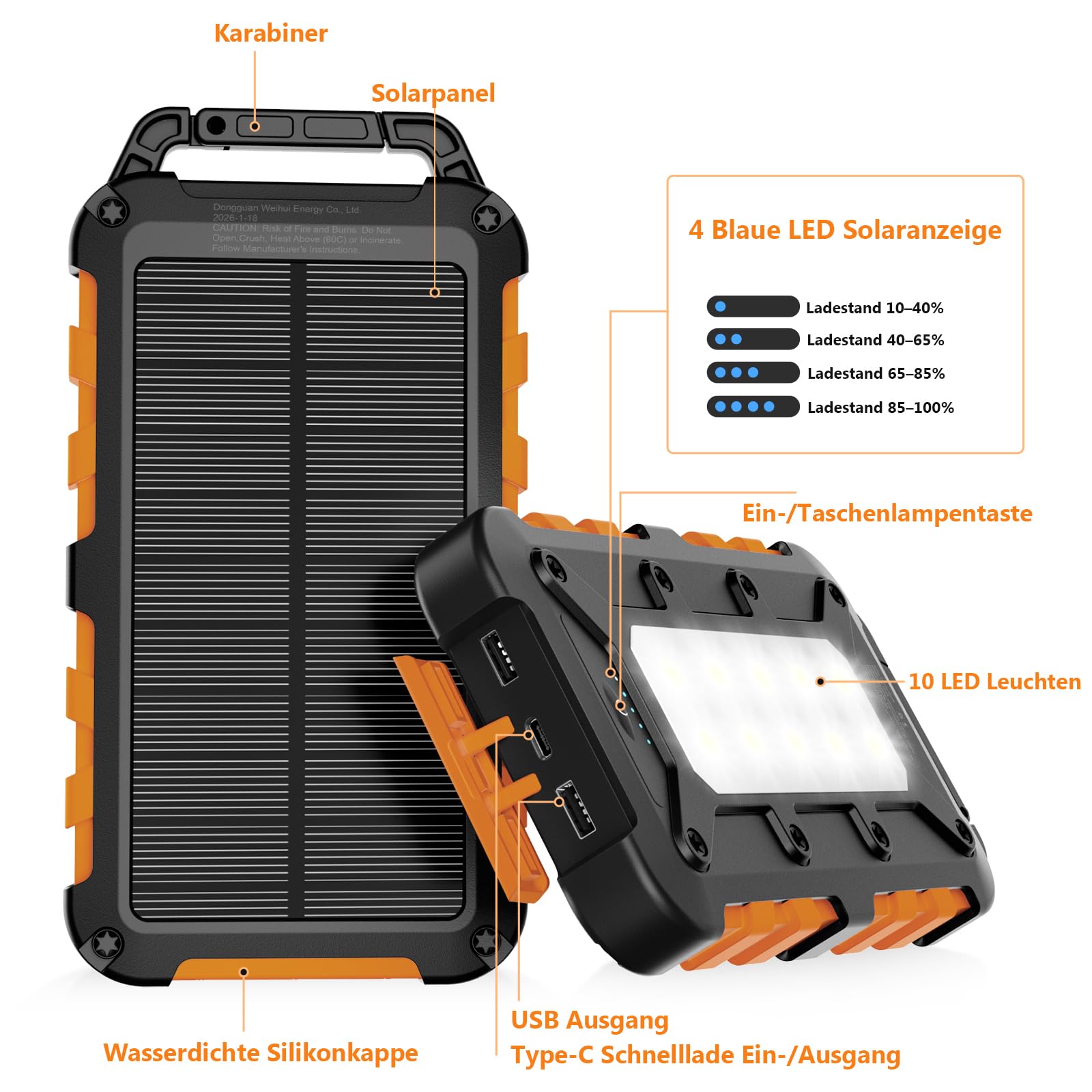 Solar Powerbank 10000mAh, PD22.5W Tragbare Solar Ladegerät USB C Externer Akku Outdoor Wasserdichtes mit LED-Licht und 3 Ausgängen für Smartphones Tablets Camping