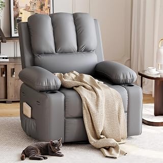 GarveeHome Classic Manual PU Leather Recliner Chair 22" with Lumbar Support, Footrest & Cup Holder - Grey Home Theater Lounge for Living Room, Bedroom, Nursery